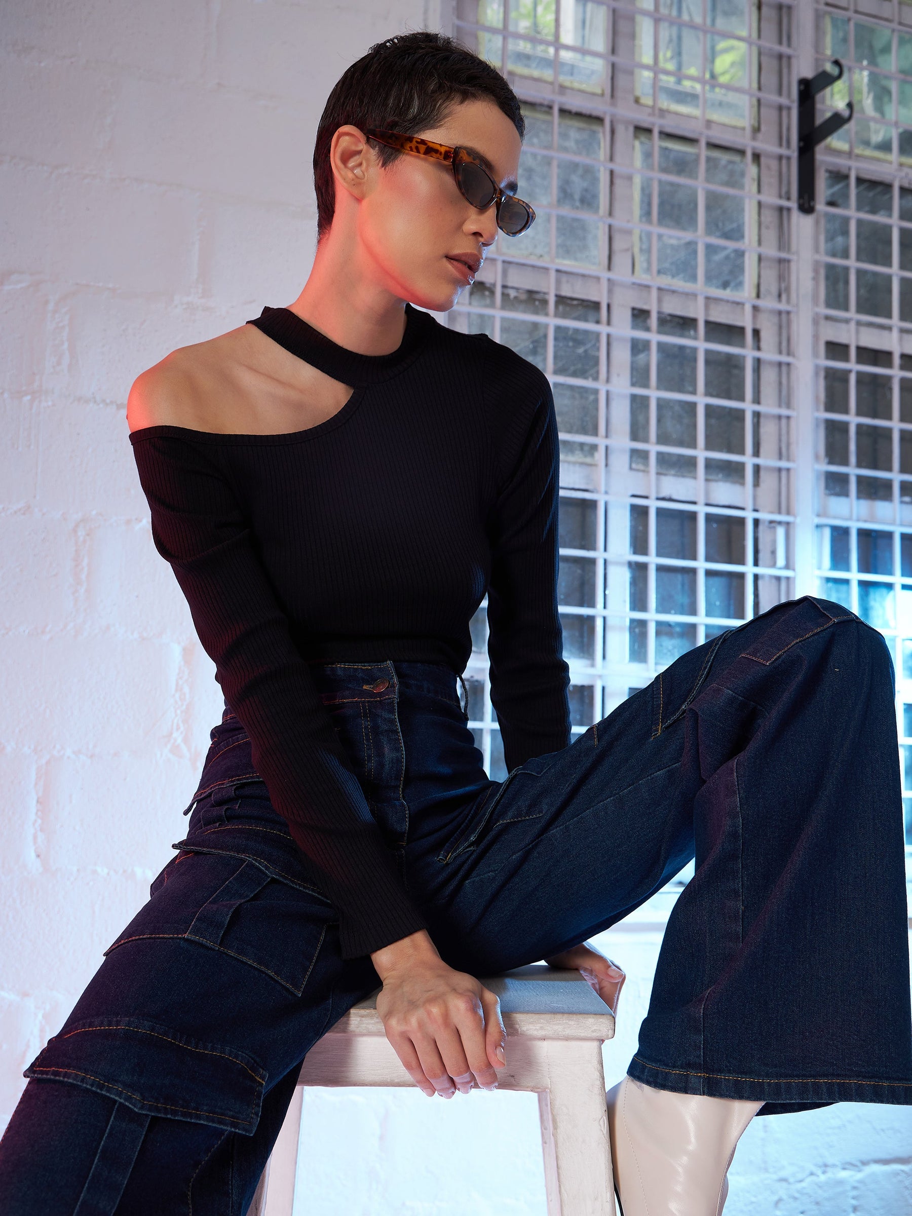 Black High Neck Shoulder Cut Out Rib Top-SASSAFRAS