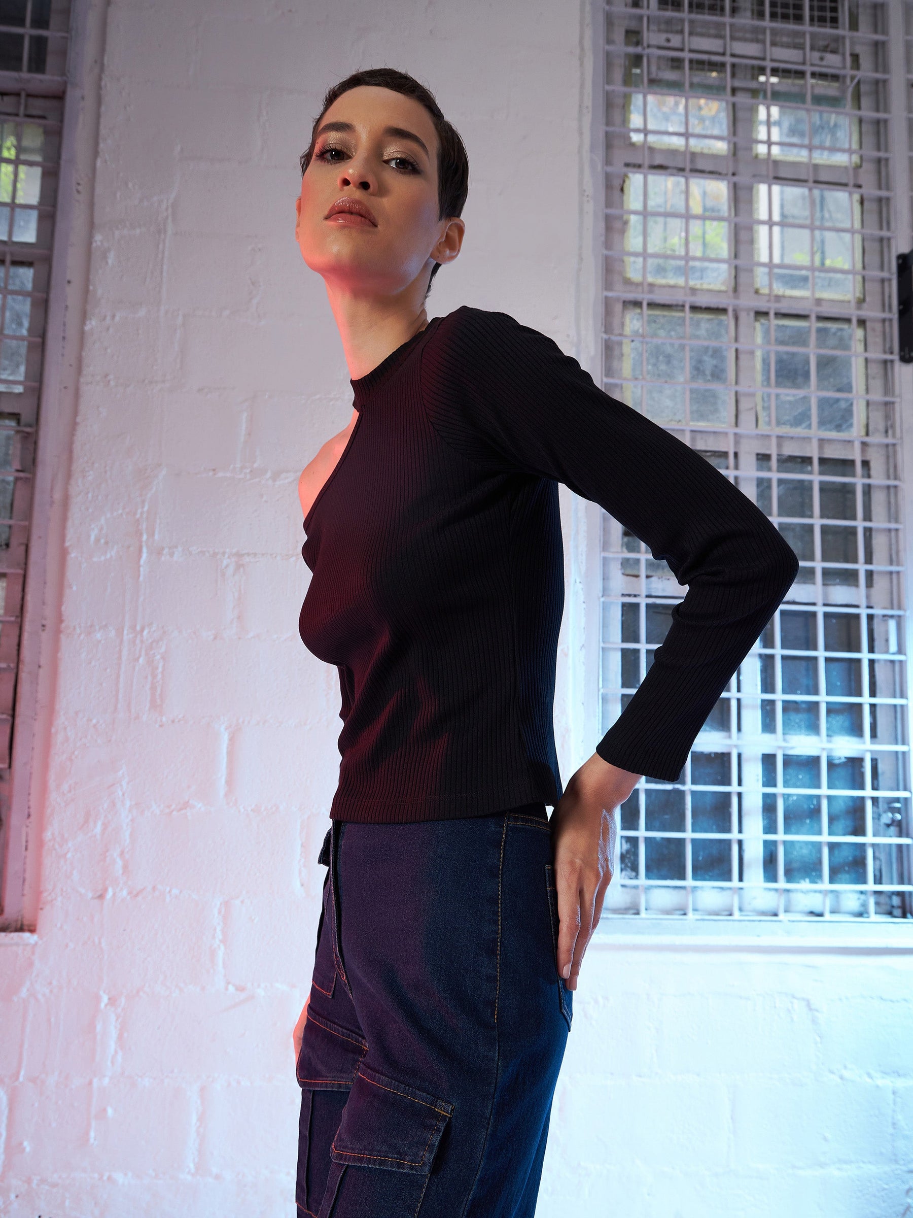 Black High Neck Shoulder Cut Out Rib Top-SASSAFRAS