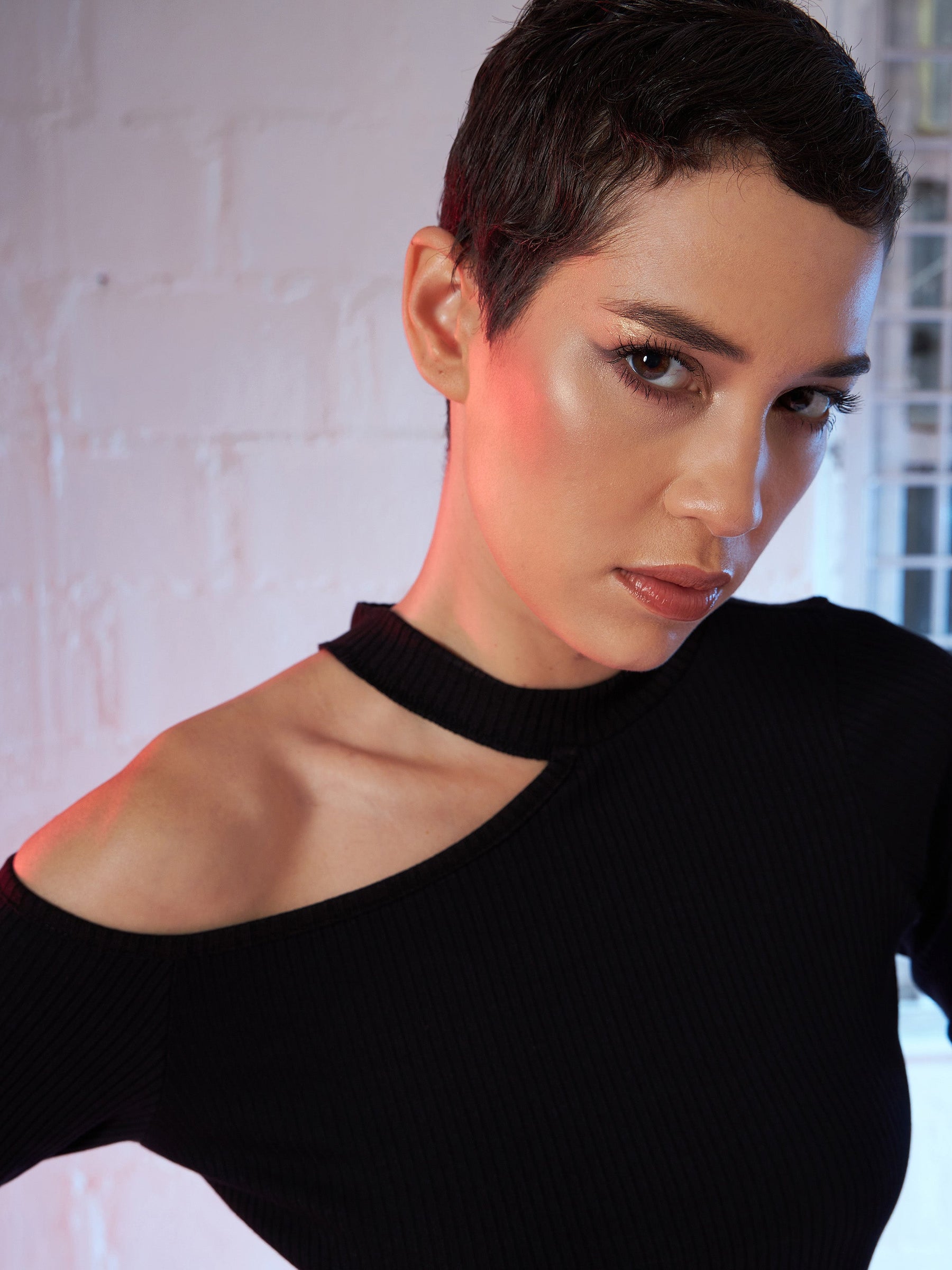 Black High Neck Shoulder Cut Out Rib Top-SASSAFRAS