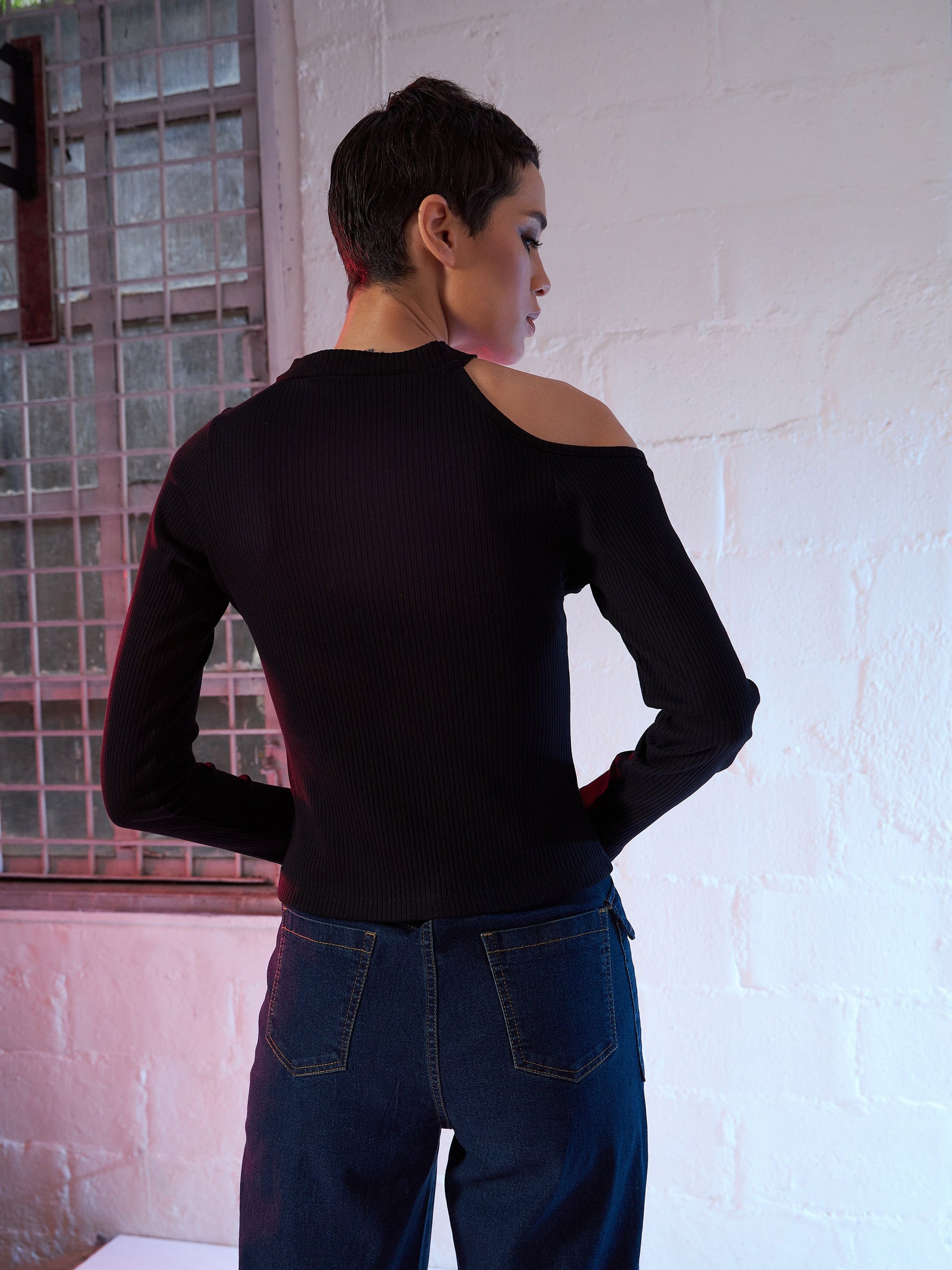 Black High Neck Shoulder Cut Out Rib Top-SASSAFRAS