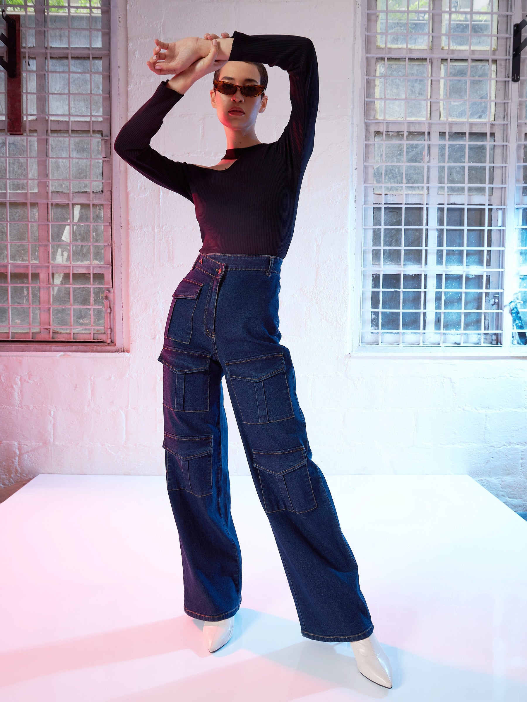 Black High Neck Shoulder Cut Out Rib Top-SASSAFRAS