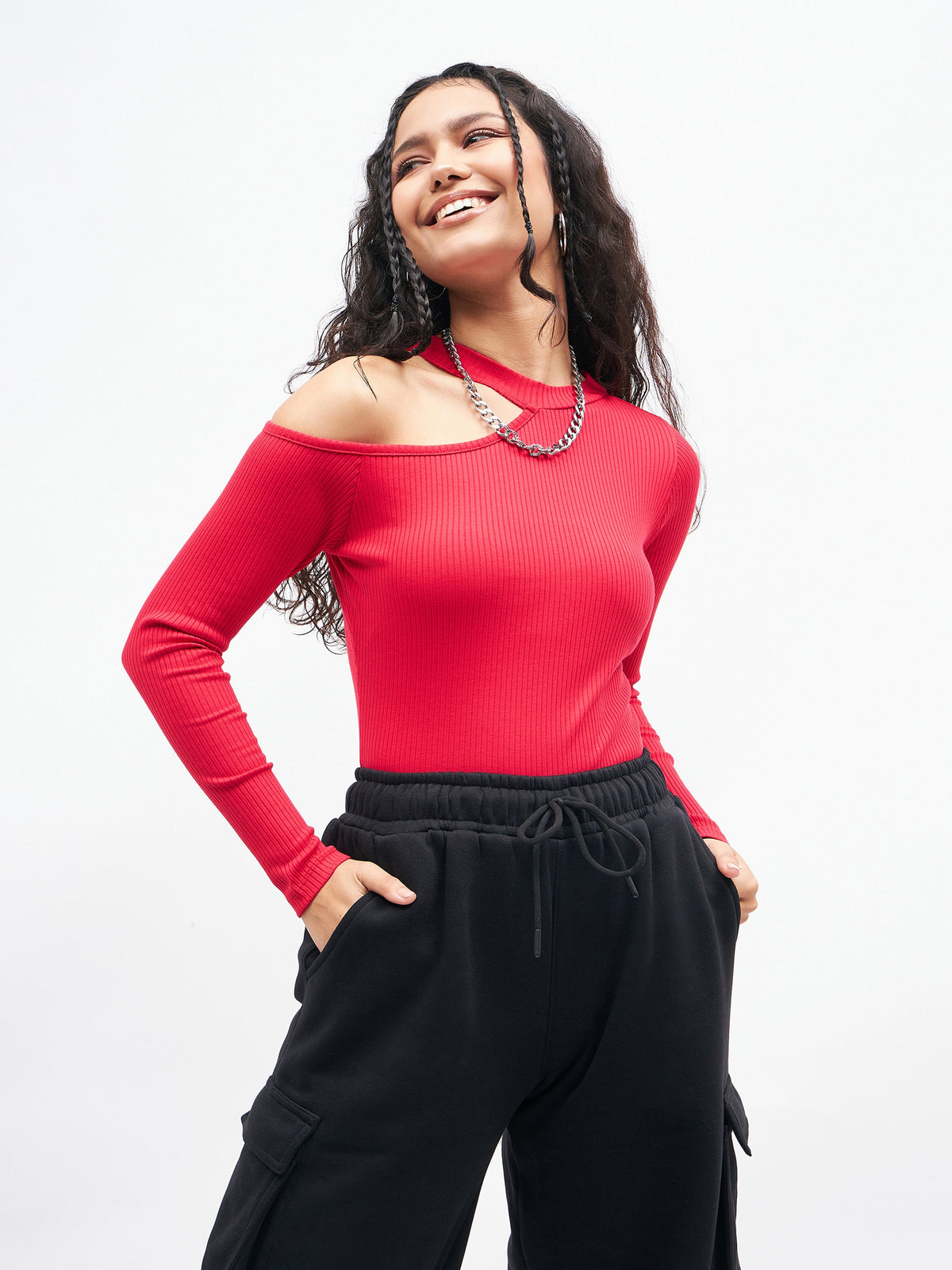 Pink High Neck Shoulder Cut Out Rib Top-SASSAFRAS