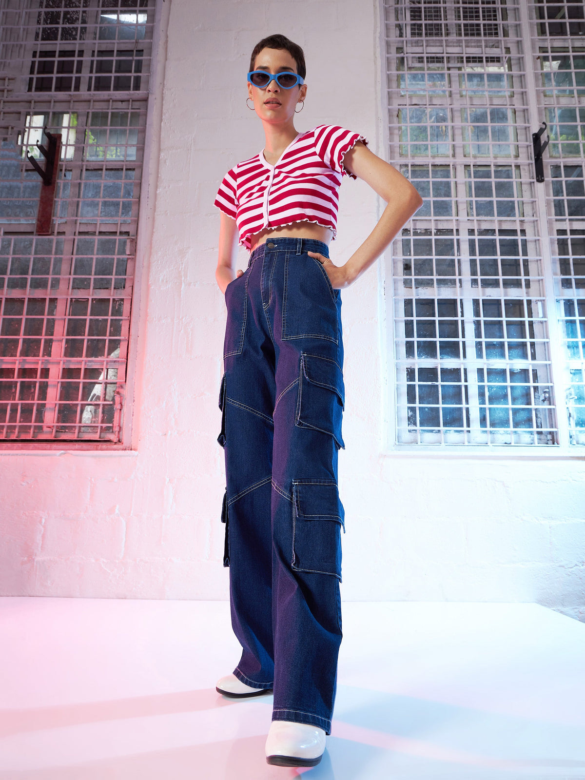 Red & Pink Stripes V-Neck Rib Crop Top-SASSAFRAS