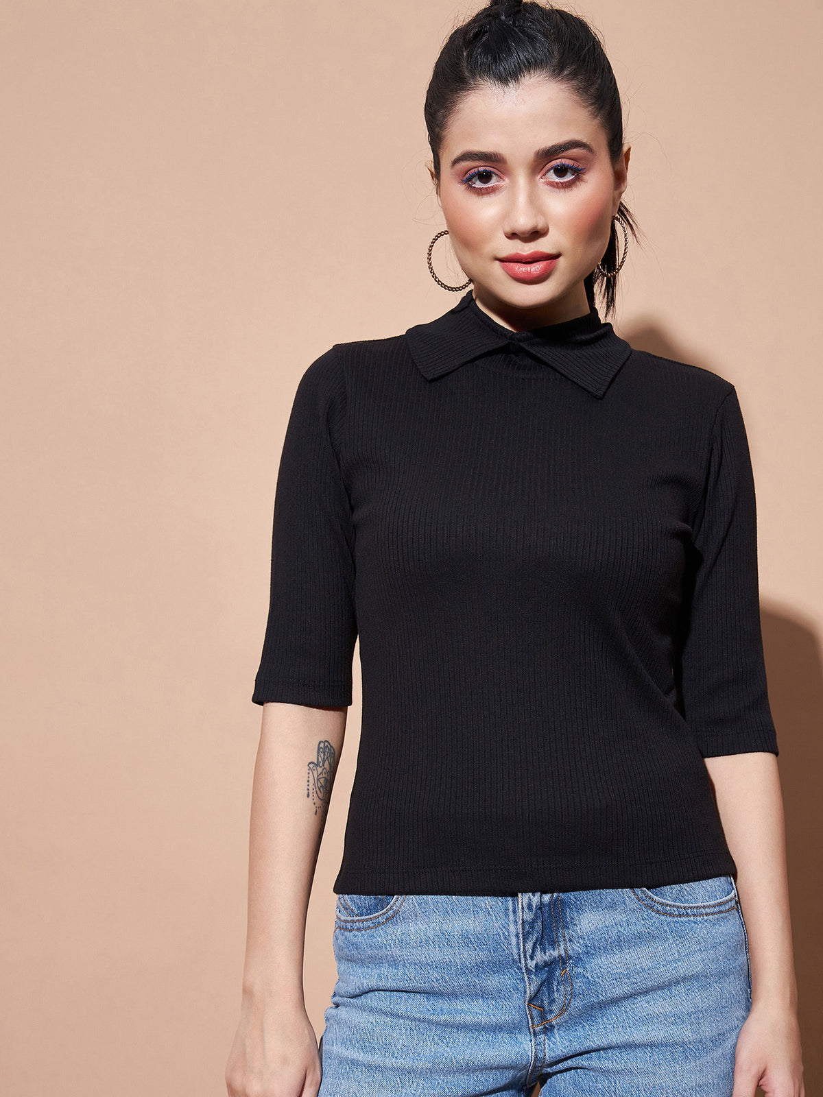Black Stand Up Collar Rib Top-SASSAFRAS BASICS