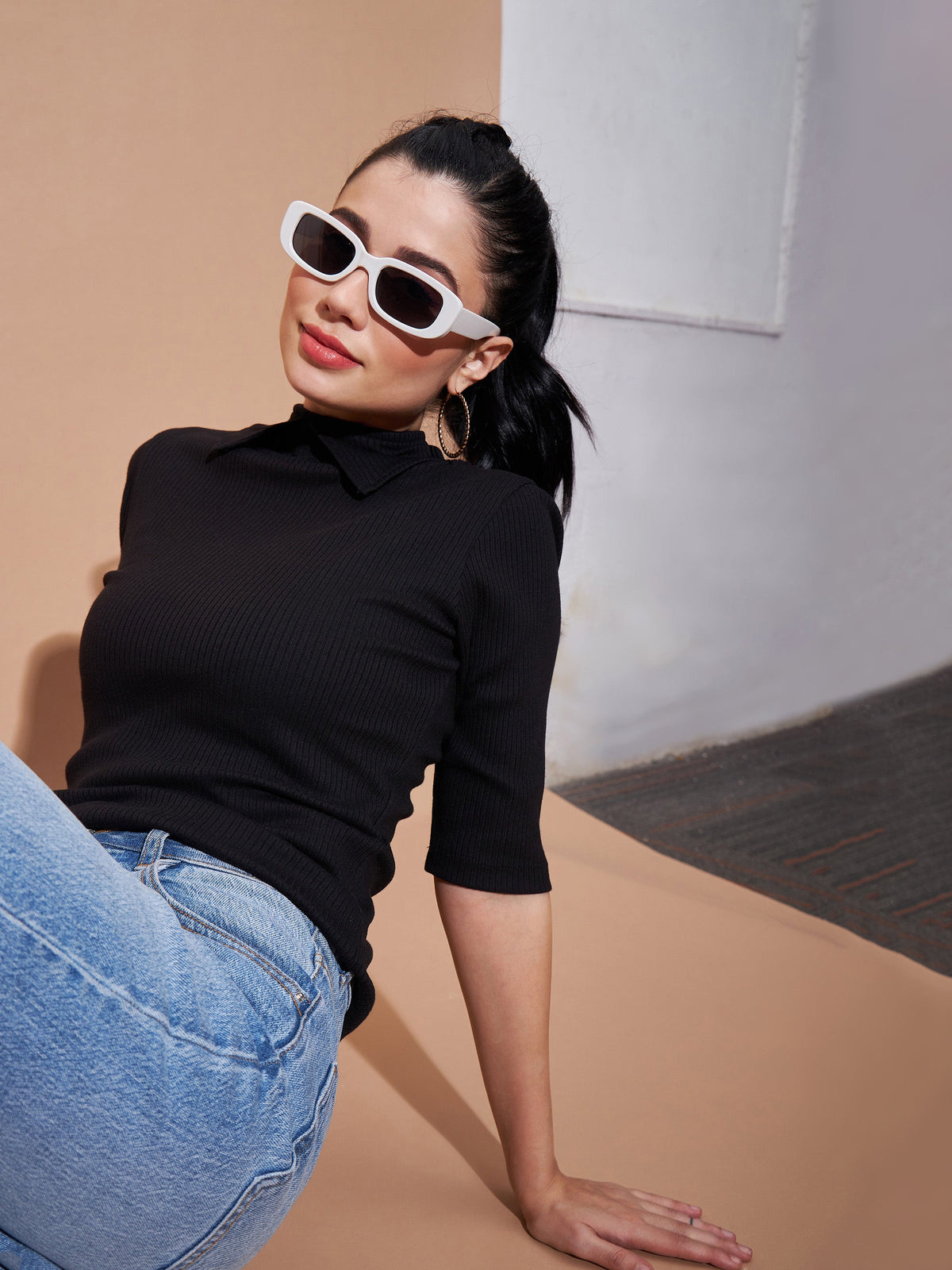 Black Stand Up Collar Rib Top-SASSAFRAS BASICS