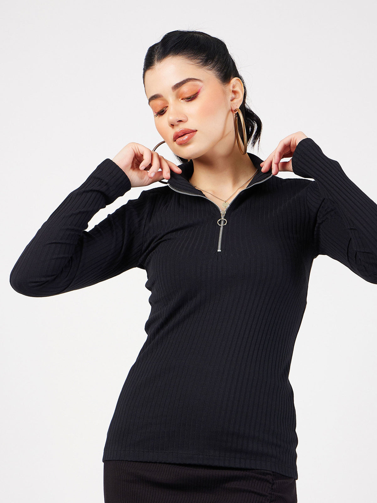 Black Rib Front Zipper Full Sleeves Top-SASSAFRAS