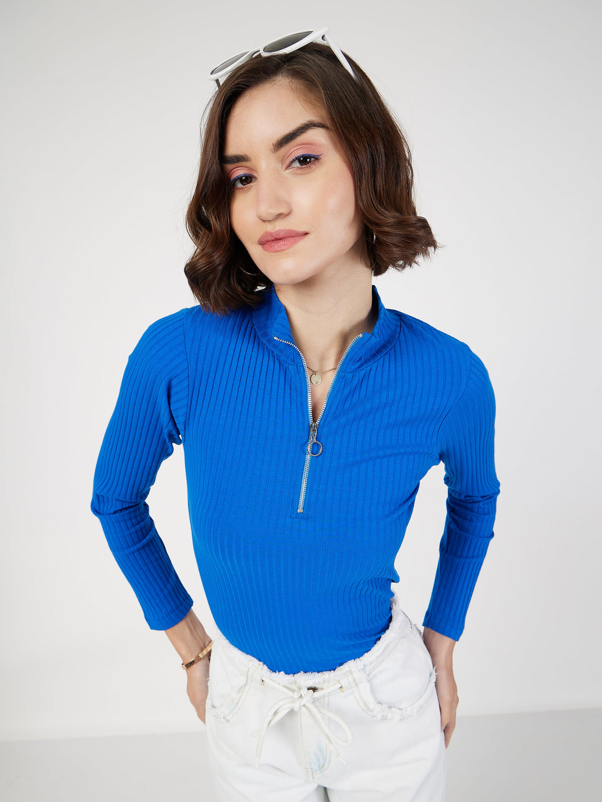 Royal Blue Rib Front Zipper Full Sleeves Top-SASSAFRAS