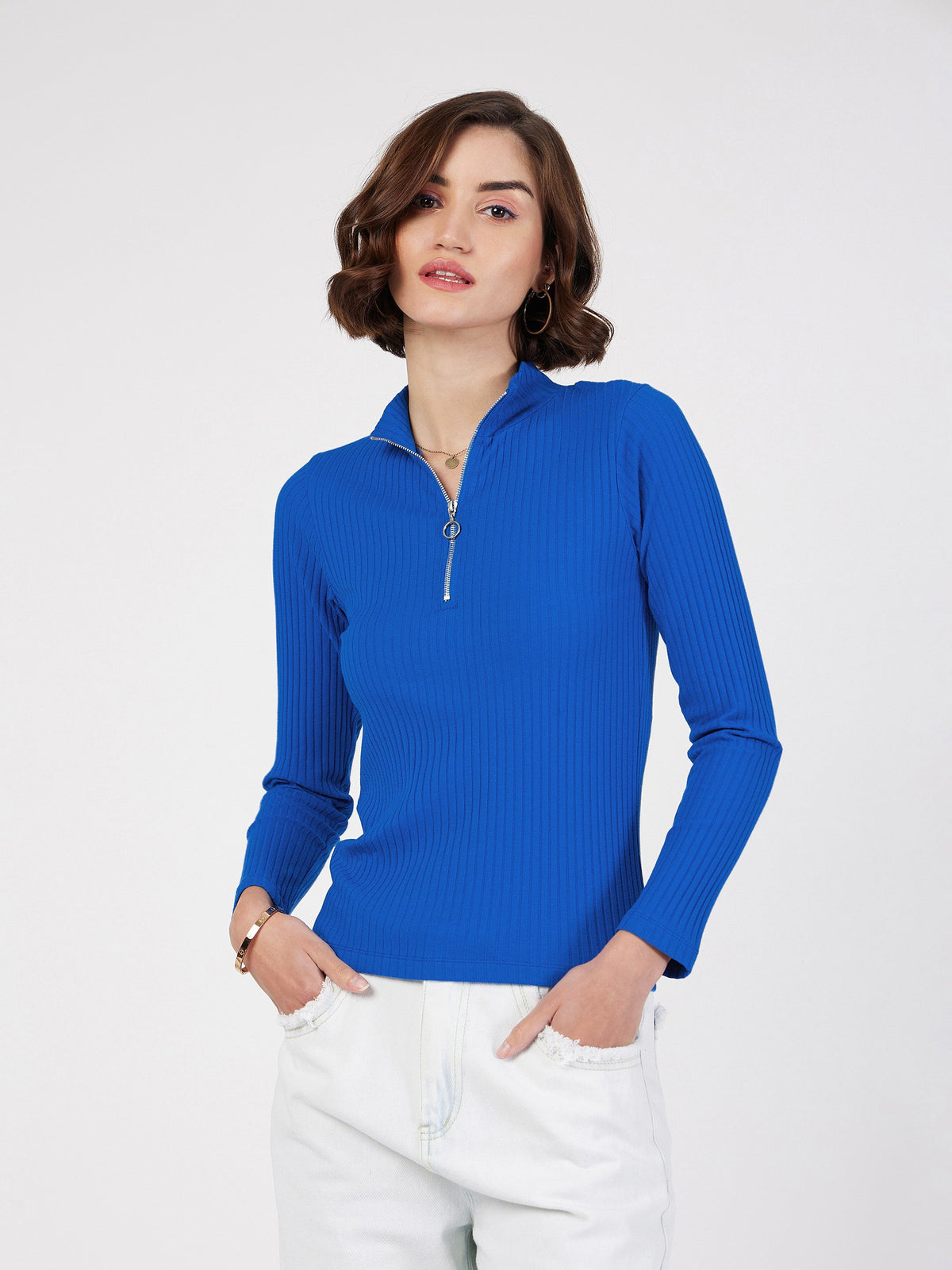 Royal Blue Rib Front Zipper Full Sleeves Top-SASSAFRAS