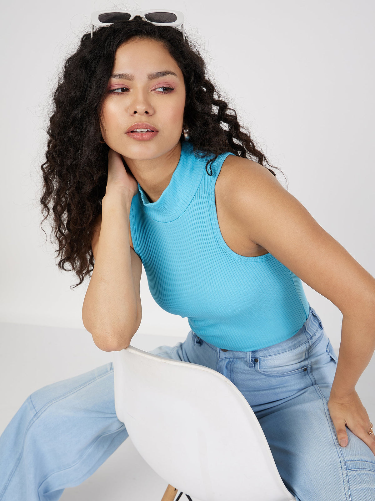 Turquoise Rib Turtle Neck Sleeveless Top-SASSAFRAS