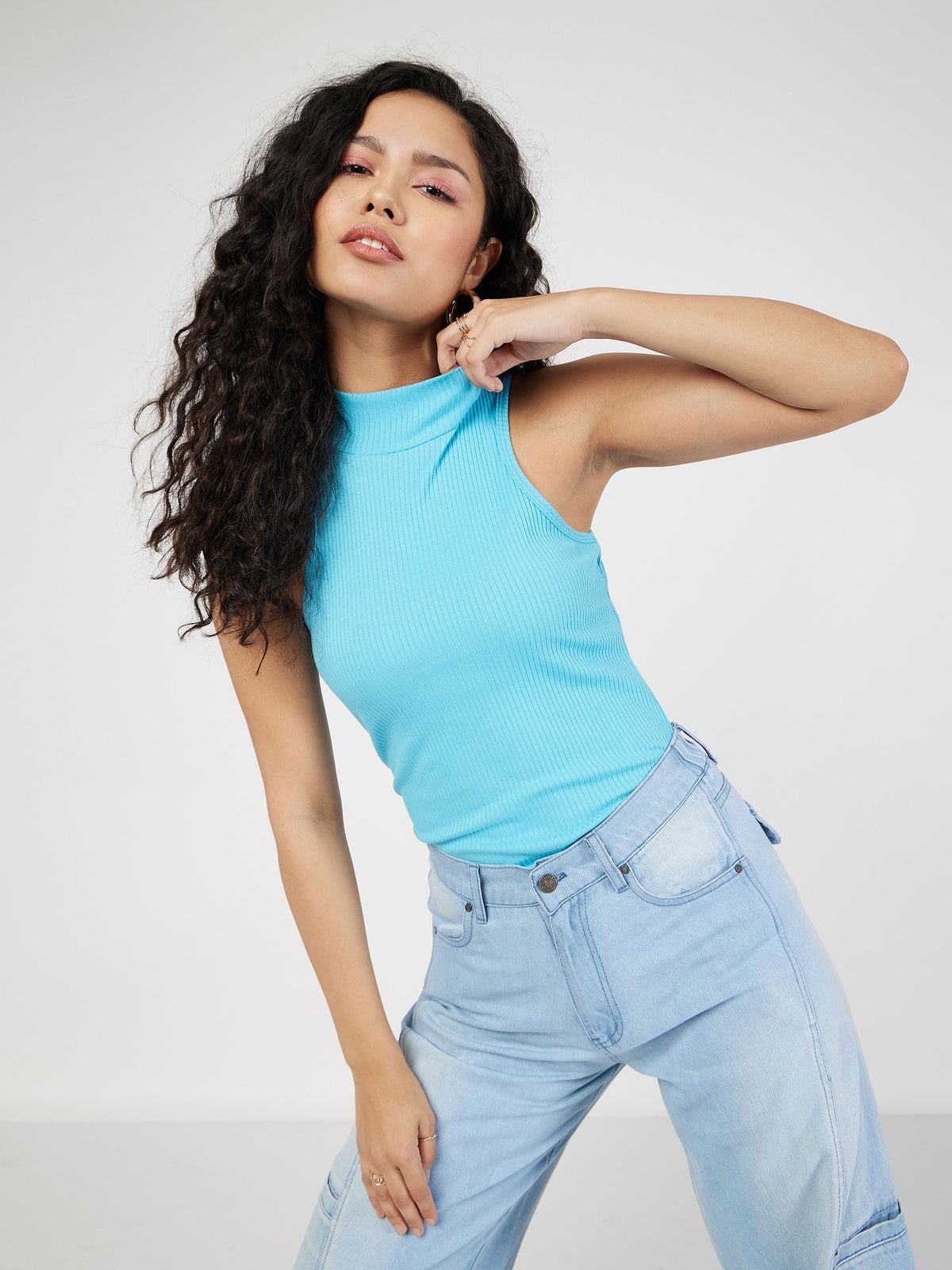 Turquoise Rib Turtle Neck Sleeveless Top-SASSAFRAS