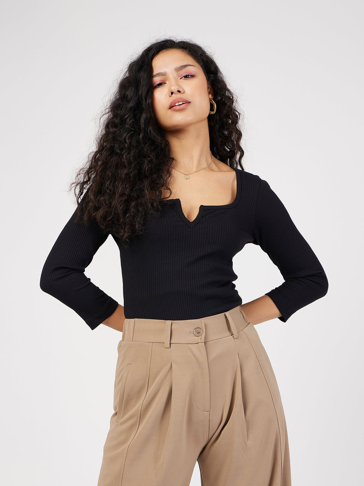 Black Rib V-Neck Top-SASSAFRAS