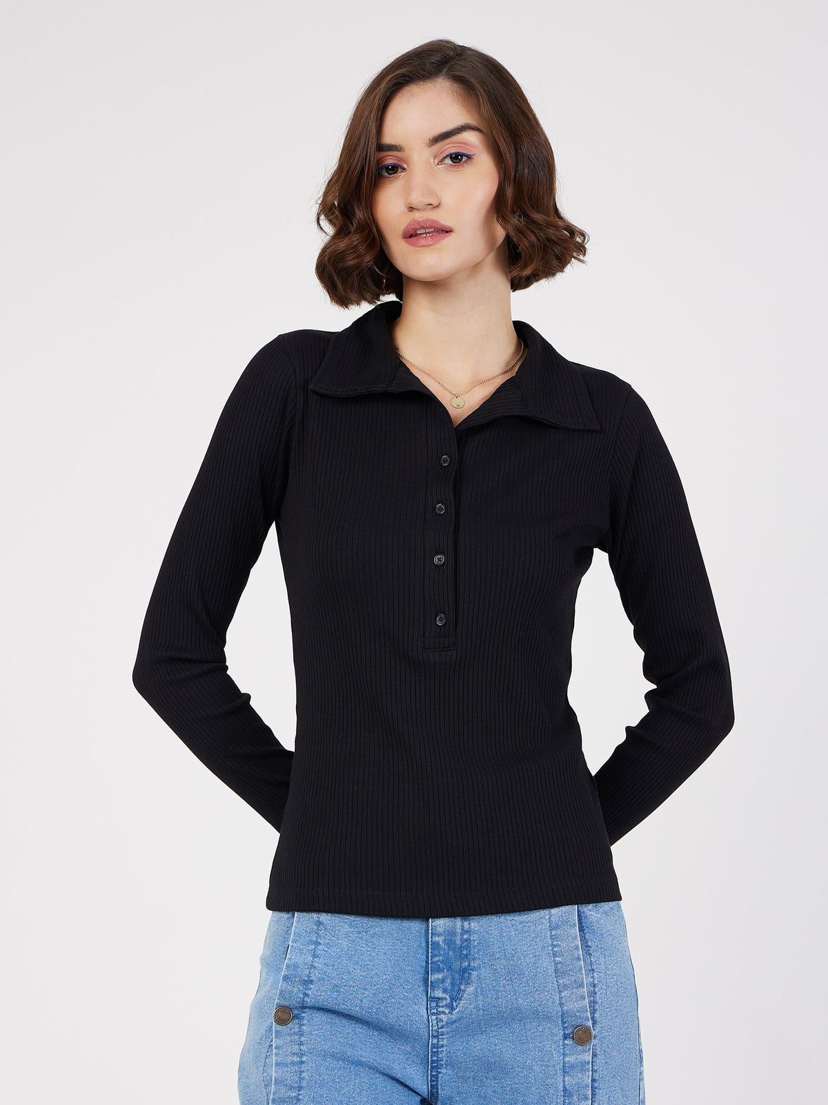 Black Rib Polo Neck Full Sleeves Top-SASSAFRAS