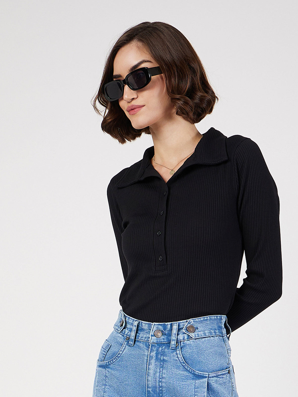 Black Rib Polo Neck Full Sleeves Top-SASSAFRAS