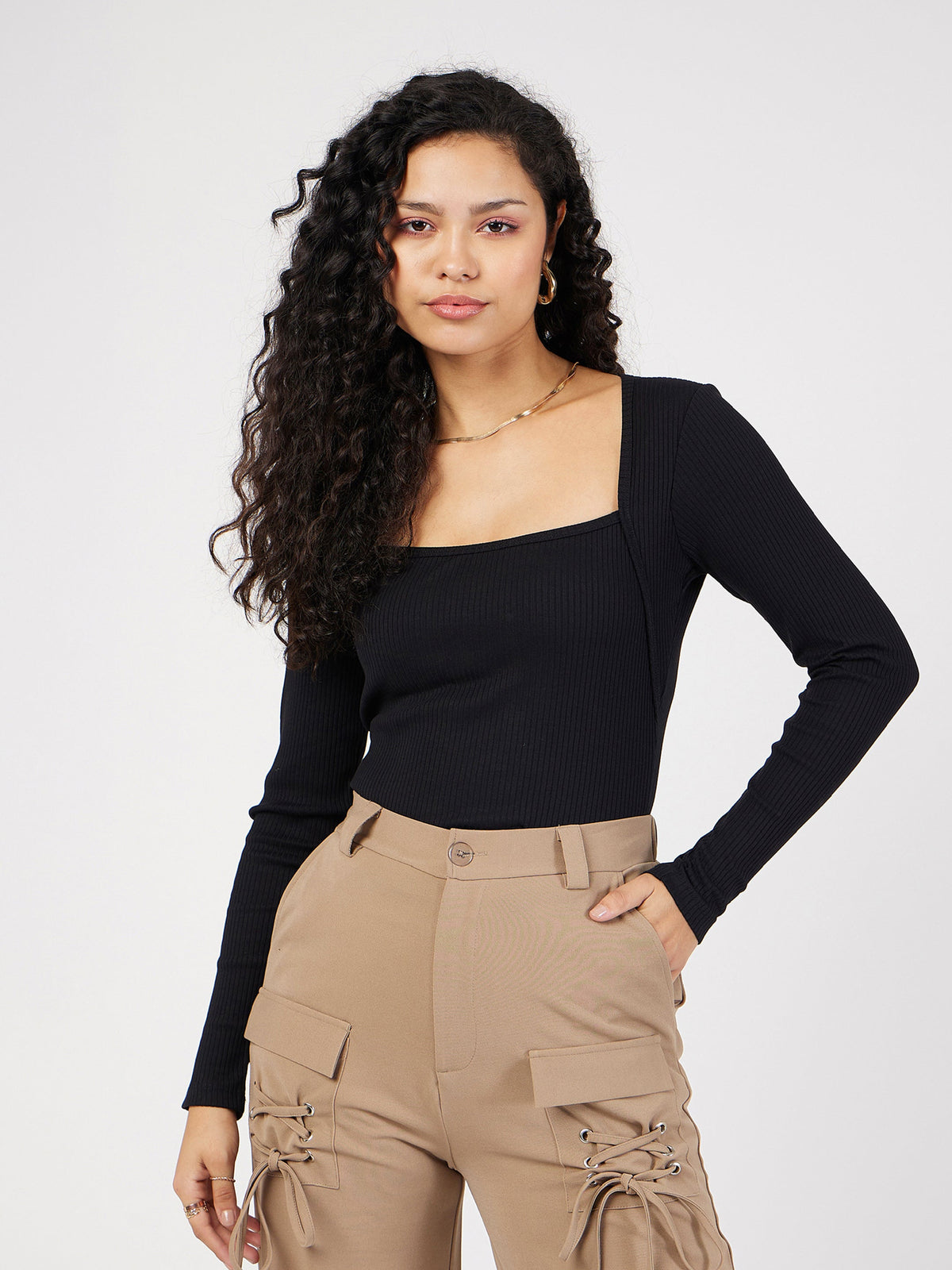 Black Rib Square Neck Full Sleeves Top-SASSAFRAS