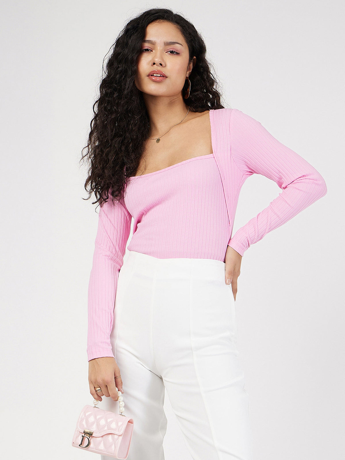 Pink Rib Square Neck Full Sleeves Top-SASSAFRAS