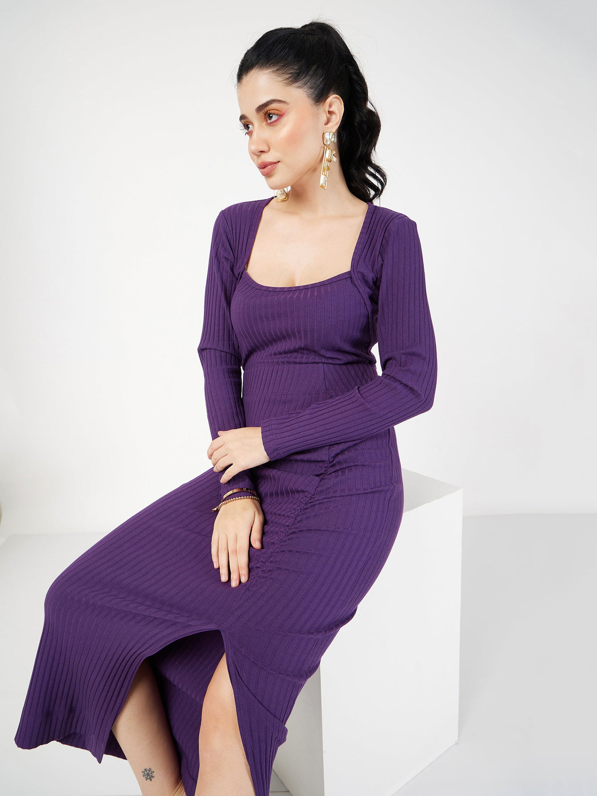Purple Rib Square Neck Full Sleeves Top-SASSAFRAS