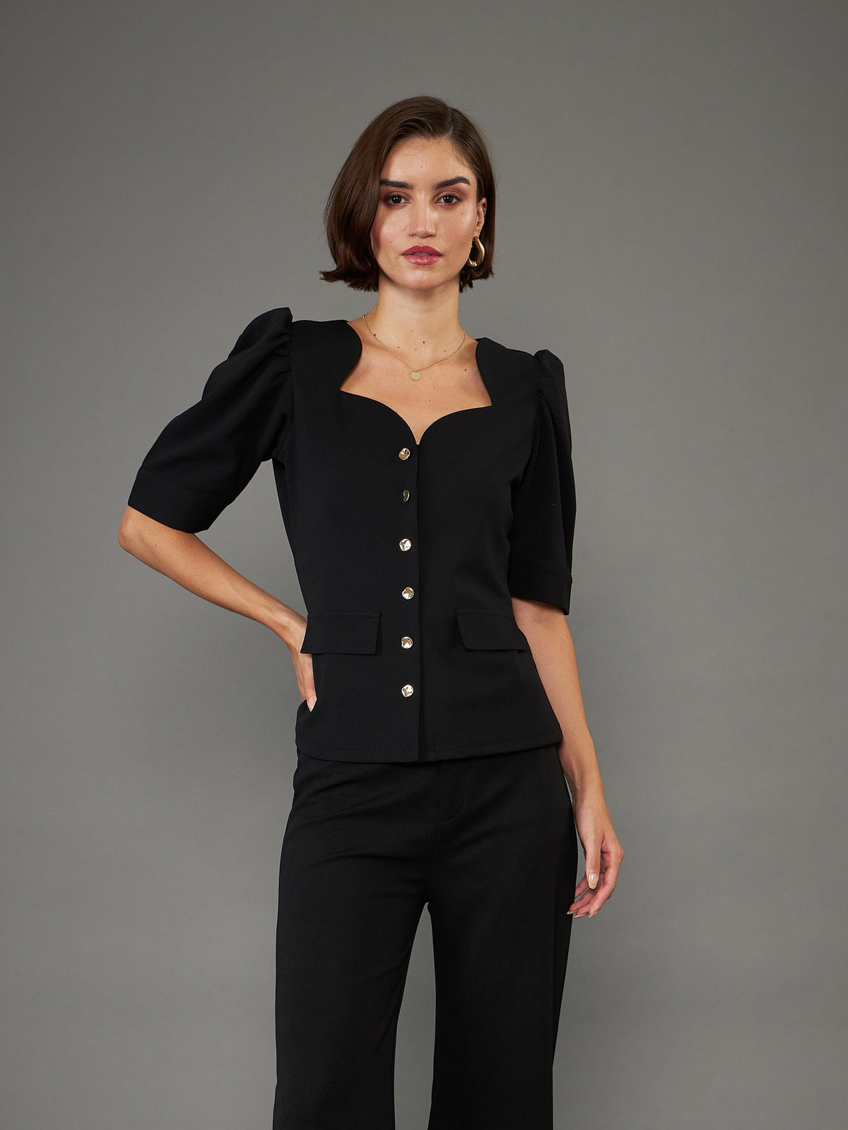 Black Puff Sleeves Top-SASSAFRAS worklyf