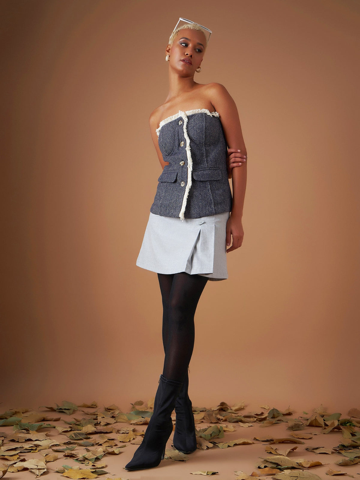 Navy Jacquard Geo Tweed Corset Top-SASSAFRAS