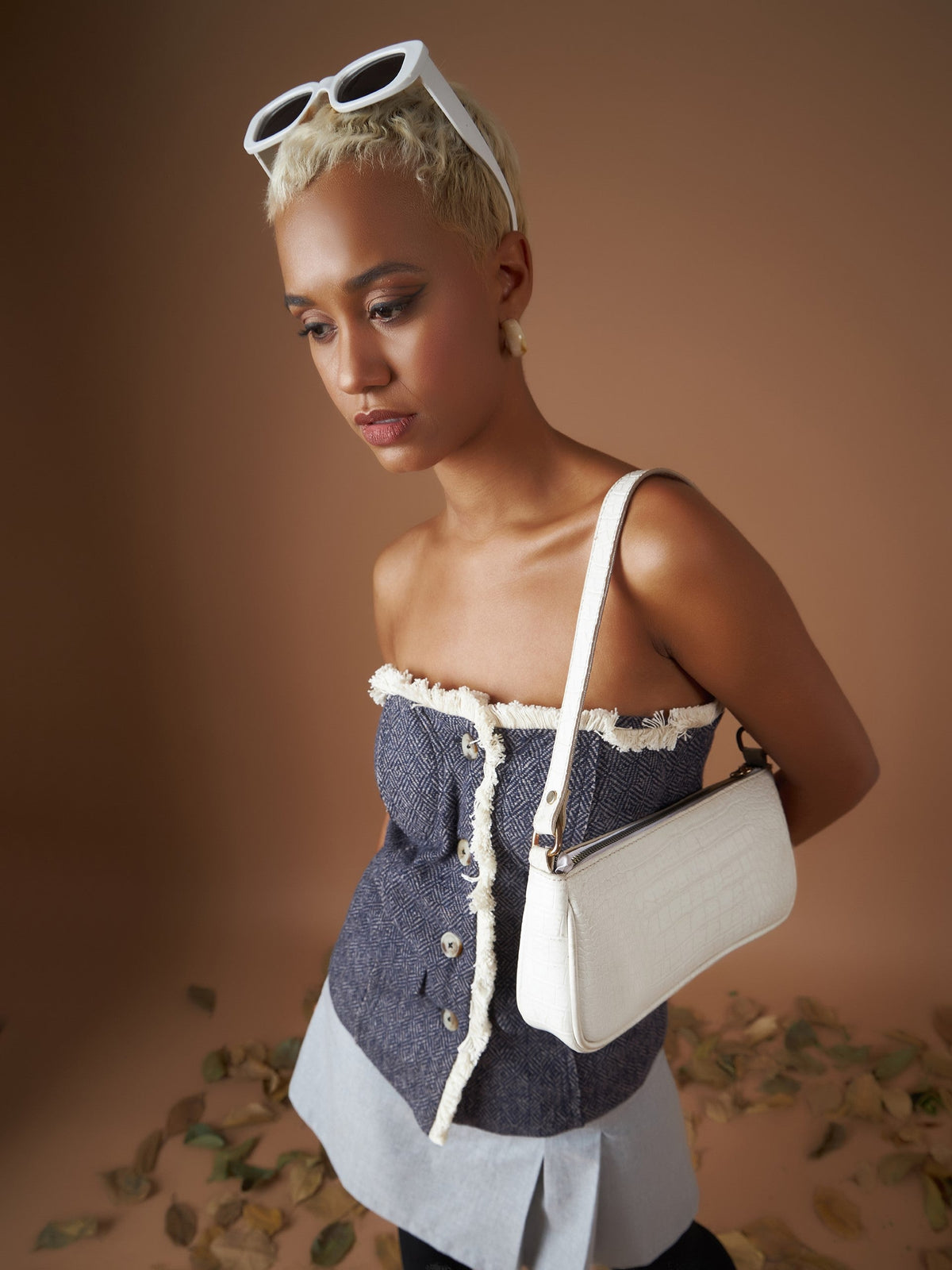 Navy Jacquard Geo Tweed Corset Top-SASSAFRAS