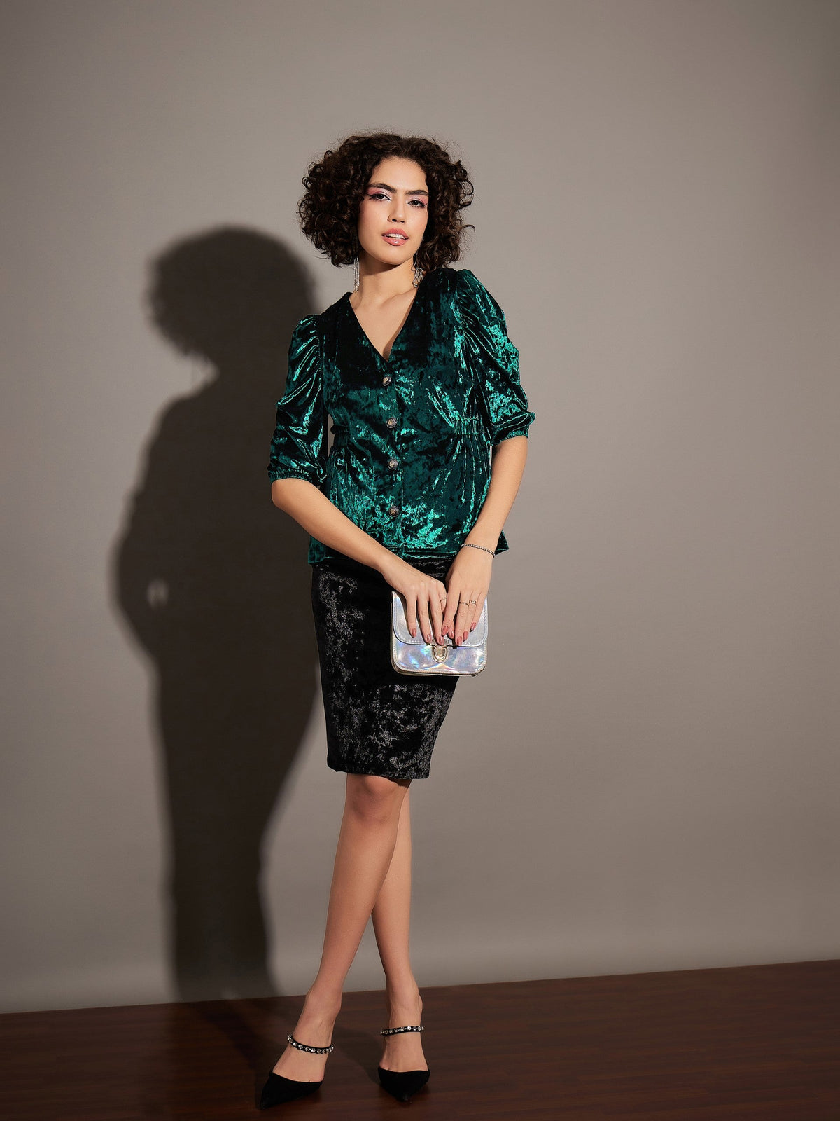 Emerald Velvet Front Button Top-SASSAFRAS