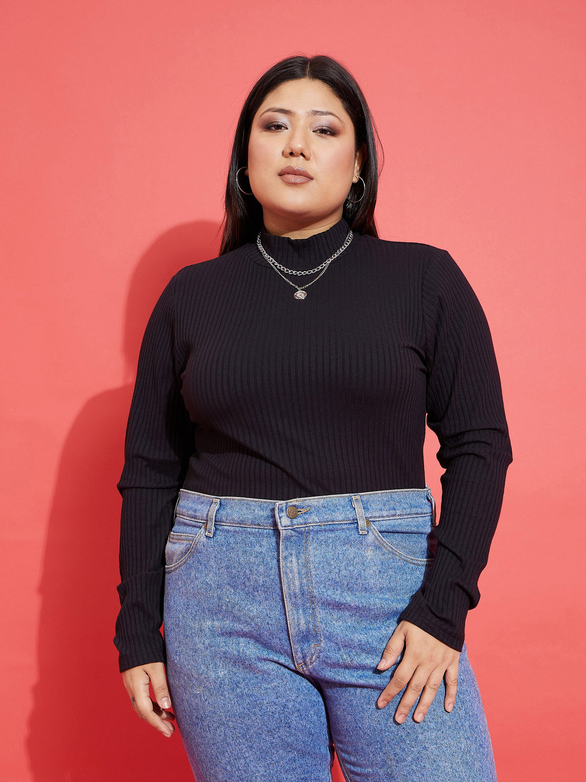 Black Rib High Neck Top-SASSAFRAS Curve