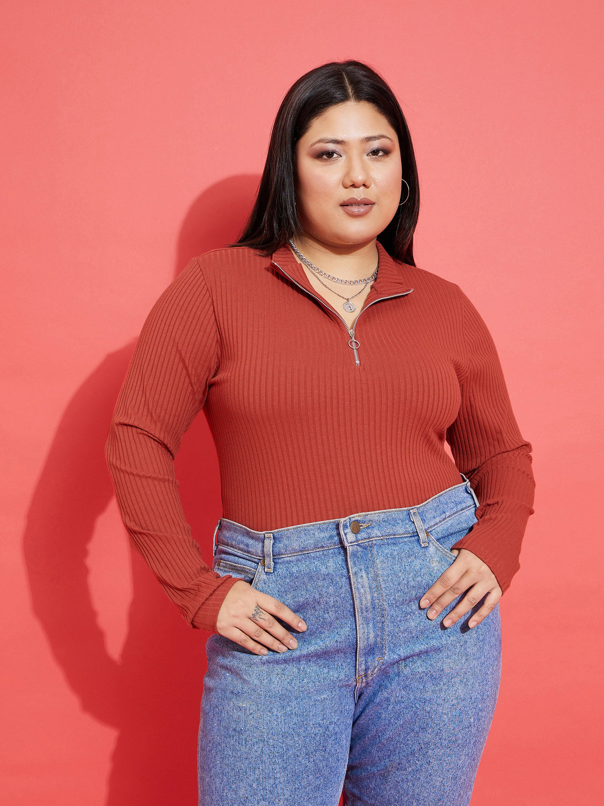 Rust Rib Front Zipper Top-SASSAFRAS Curve