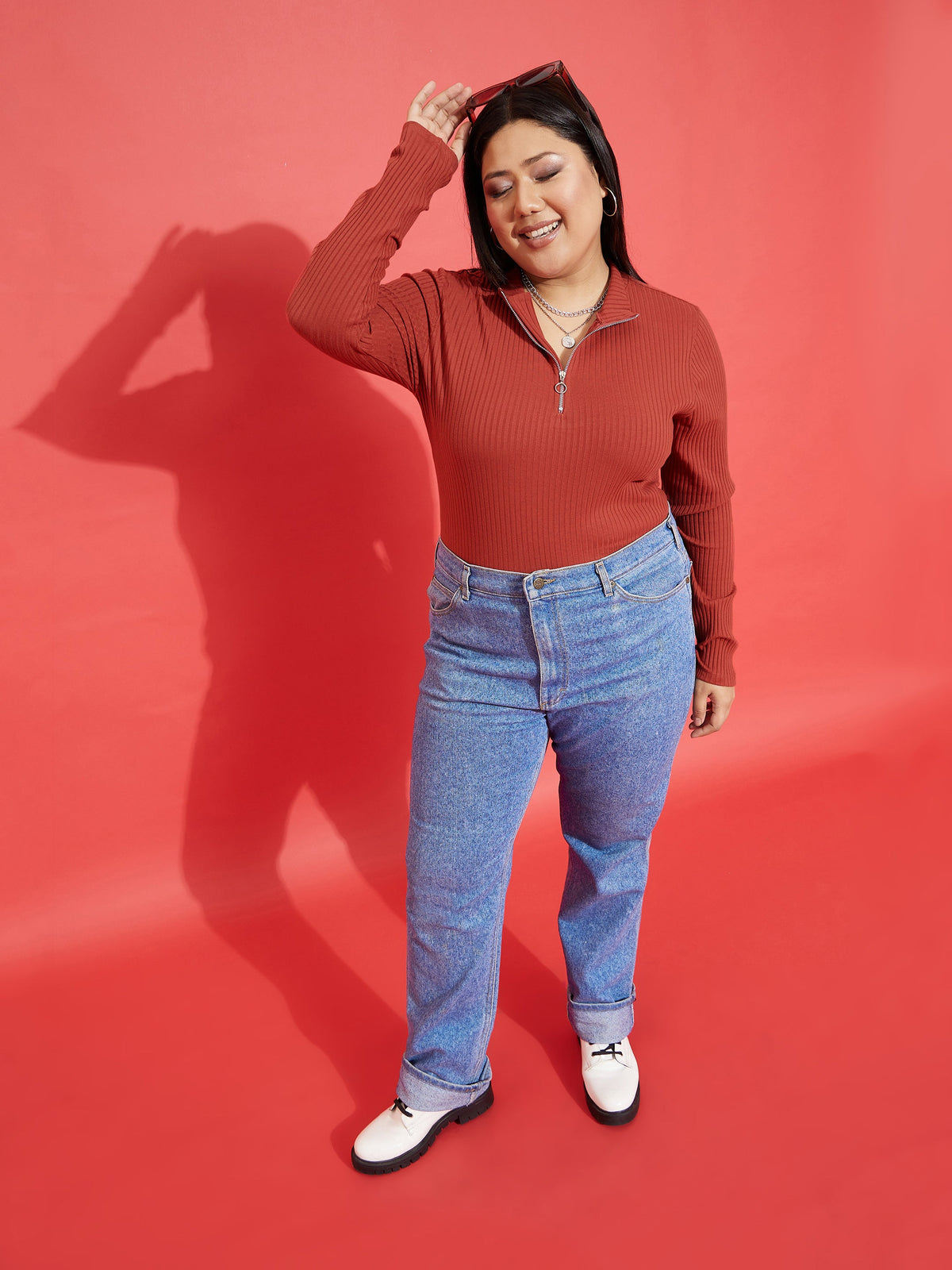 Rust Rib Front Zipper Top-SASSAFRAS Curve