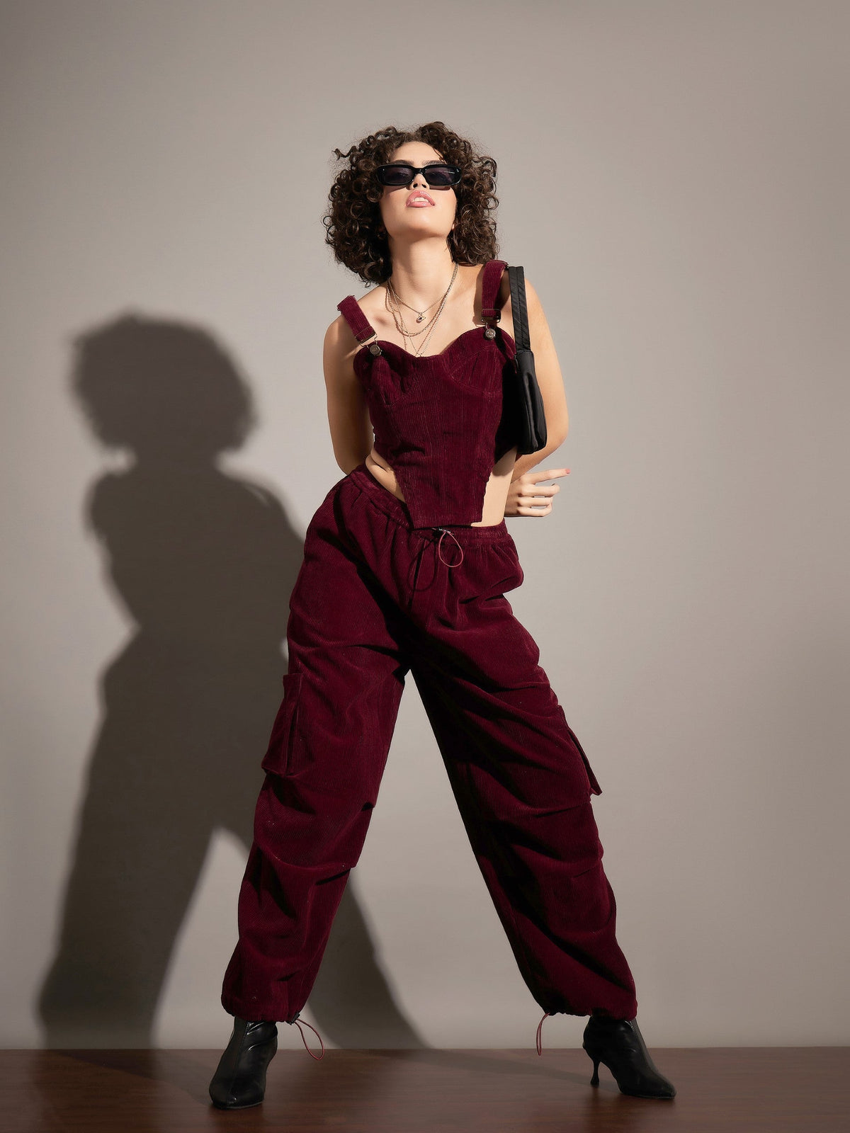 Maroon Corduroy Bustier Crop Top-SASSAFRAS