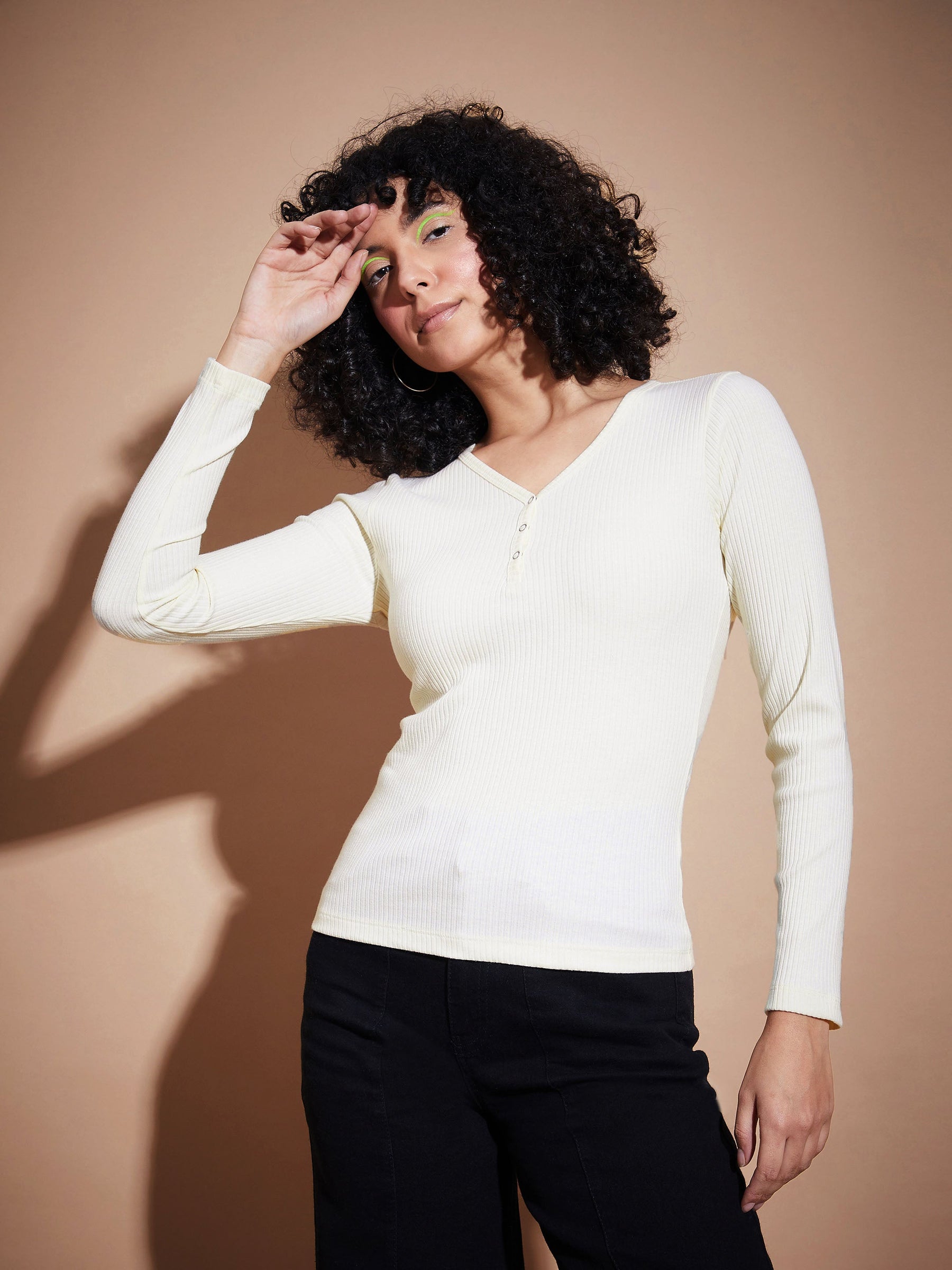 Off White Rib V-Neck Regular Top-SASSAFRAS BASICS