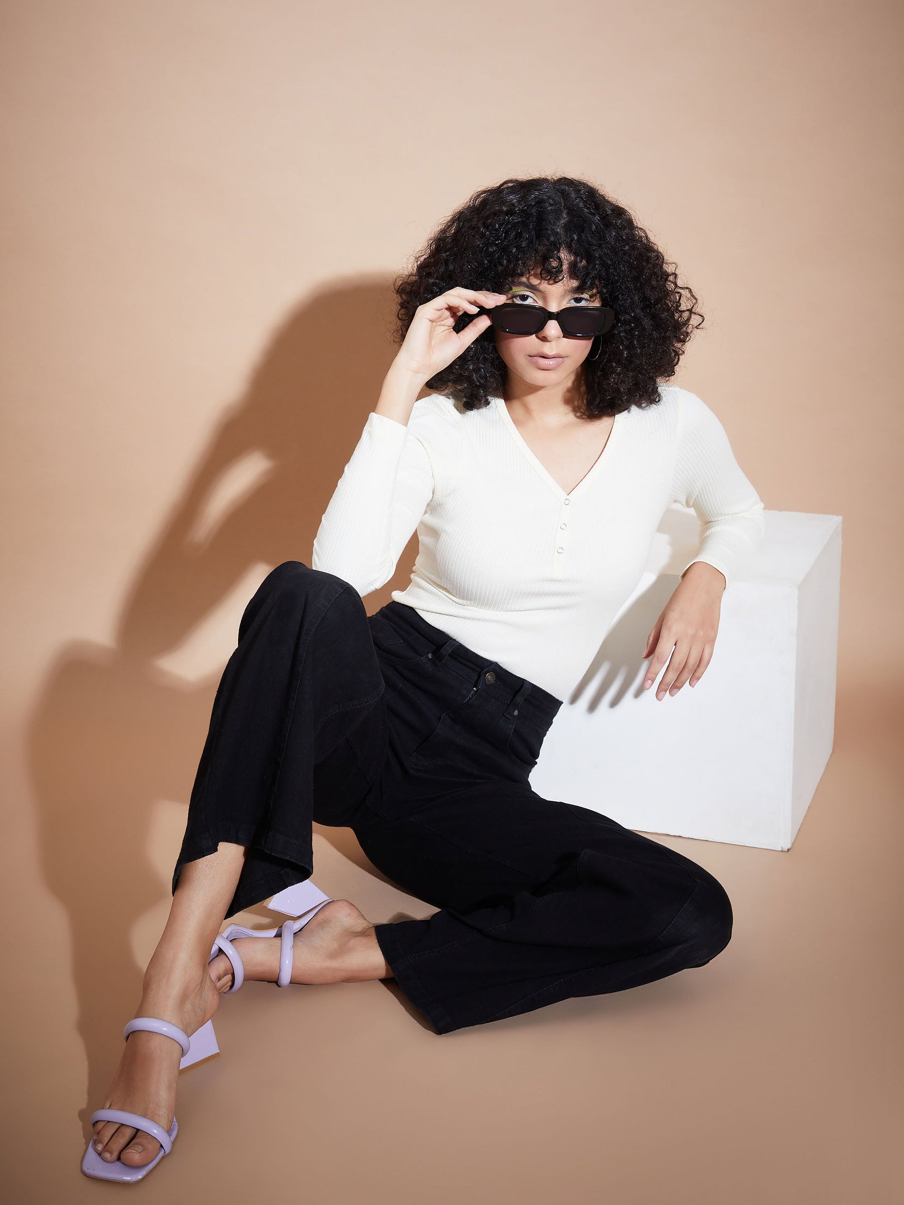 Off White Rib V-Neck Regular Top-SASSAFRAS BASICS