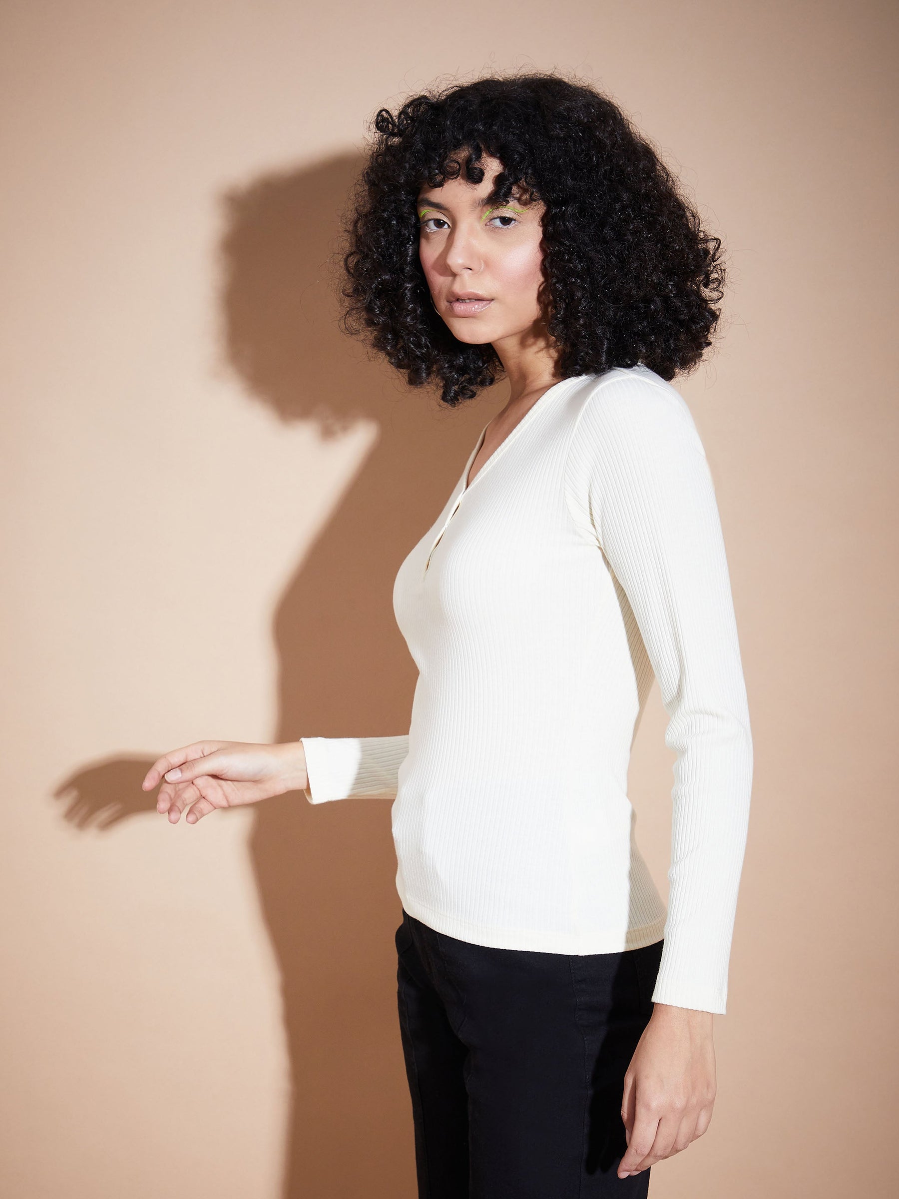 Off White Rib V-Neck Regular Top-SASSAFRAS BASICS