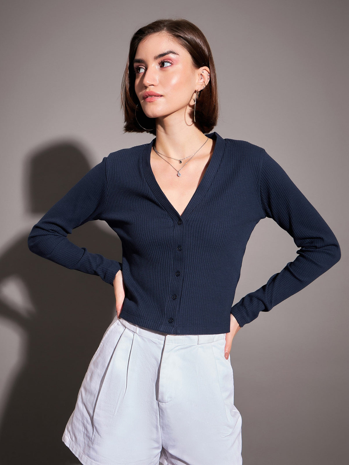 Navy Rib Front Open Cardigan Top-SASSAFRAS