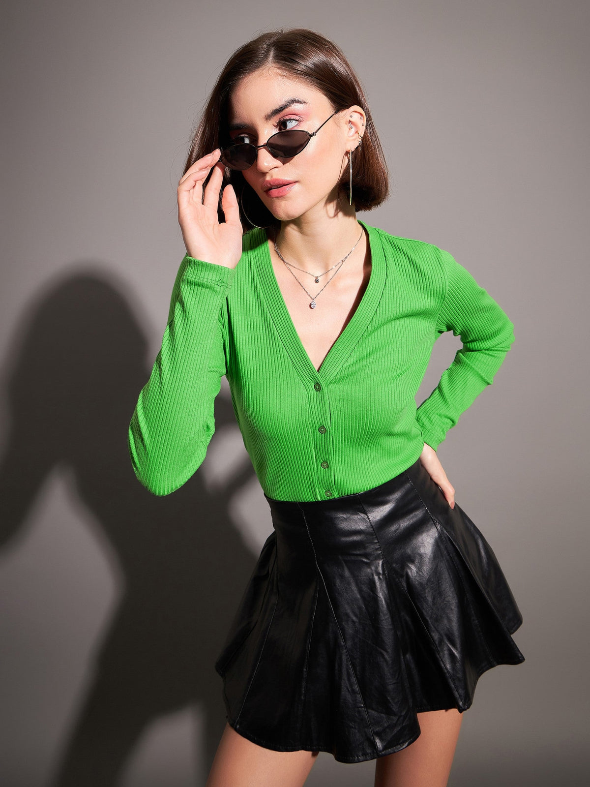 Green Rib Front Open Cardigan Top-SASSAFRAS