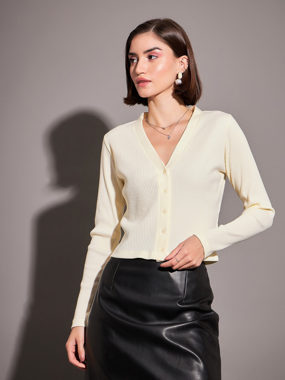 Off-White Rib Front Open Cardigan Top-SASSAFRAS