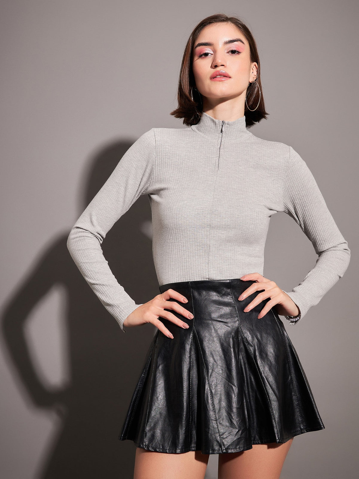 Grey Rib High Neck Front Zipper Top-SASSAFRAS