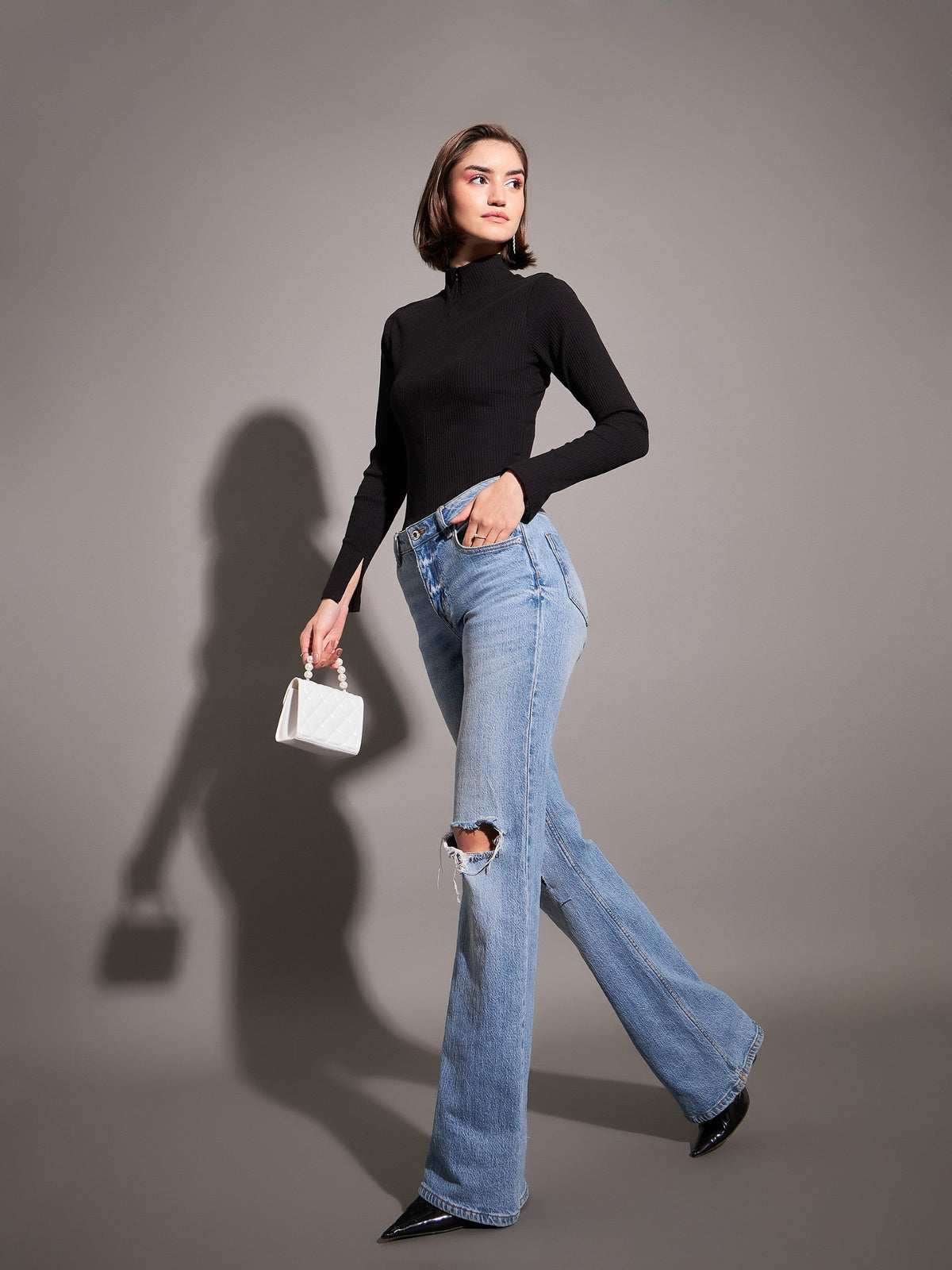 Black Rib High Neck Front Zipper Top-SASSAFRAS