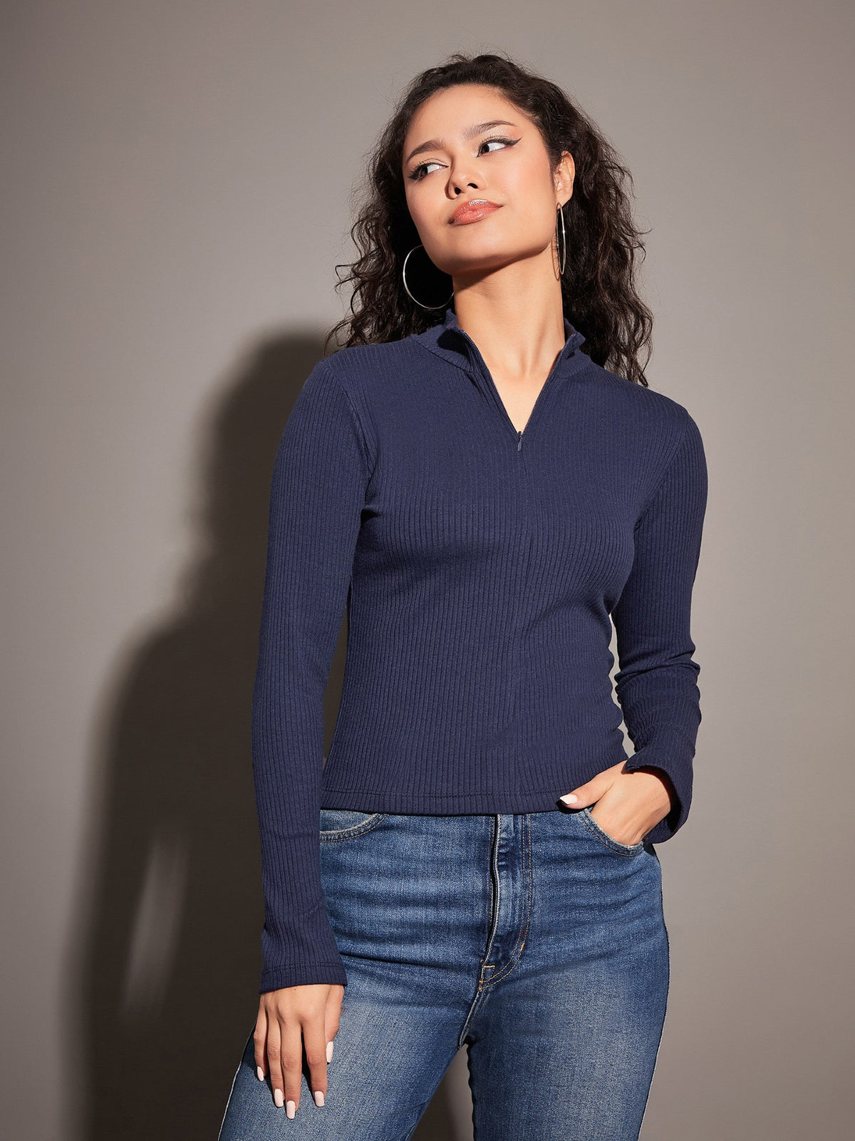 Navy Rib High Neck Front Zipper Top-SASSAFRAS