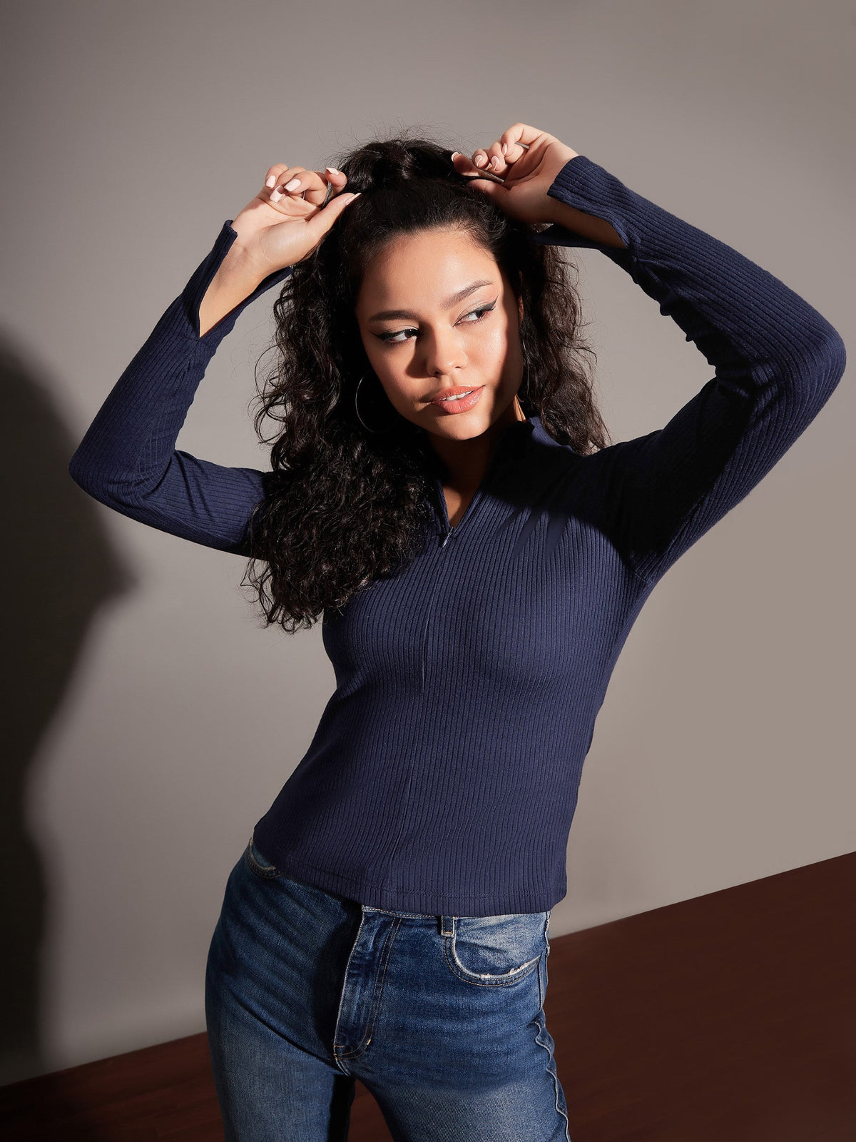 Navy Rib High Neck Front Zipper Top-SASSAFRAS