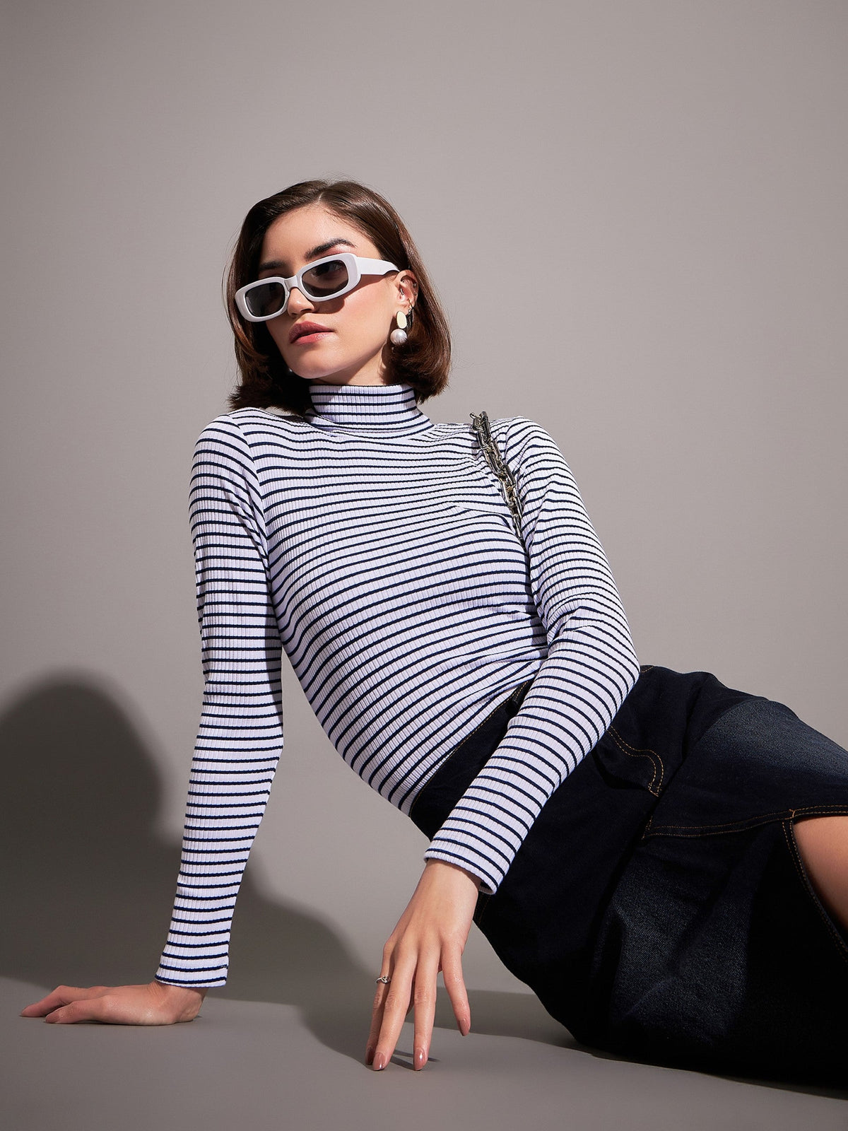 Navy & White Striped Rib High Neckib Top-SASSAFRAS