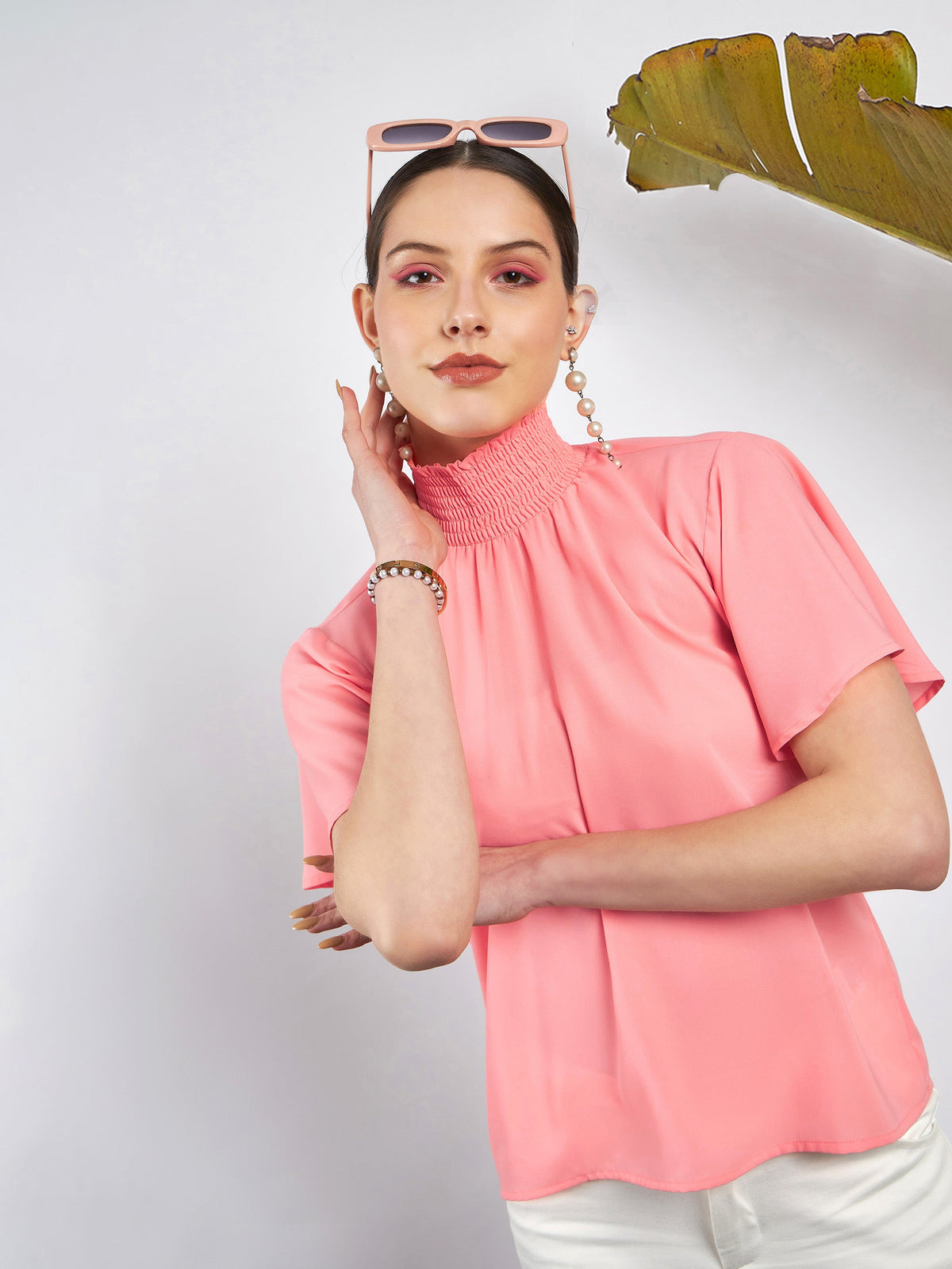 Peach Smocked High Neck Top-SASSAFRAS