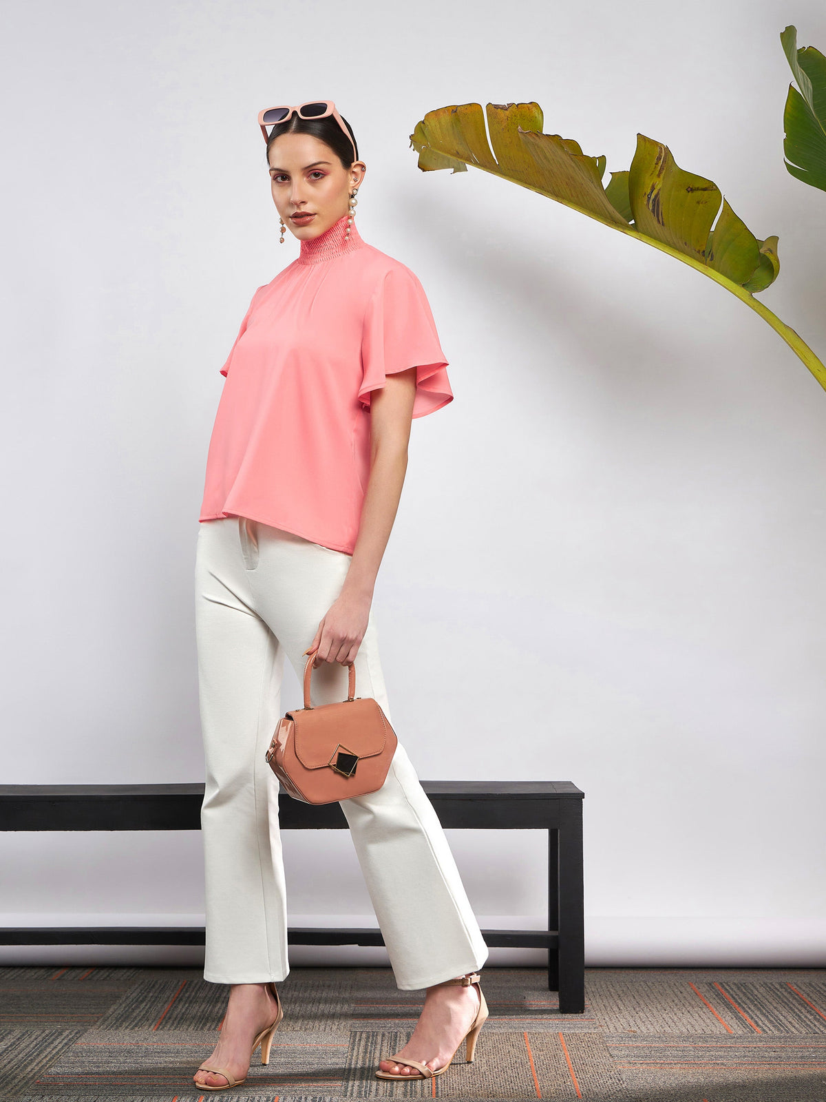 Peach Smocked High Neck Top-SASSAFRAS