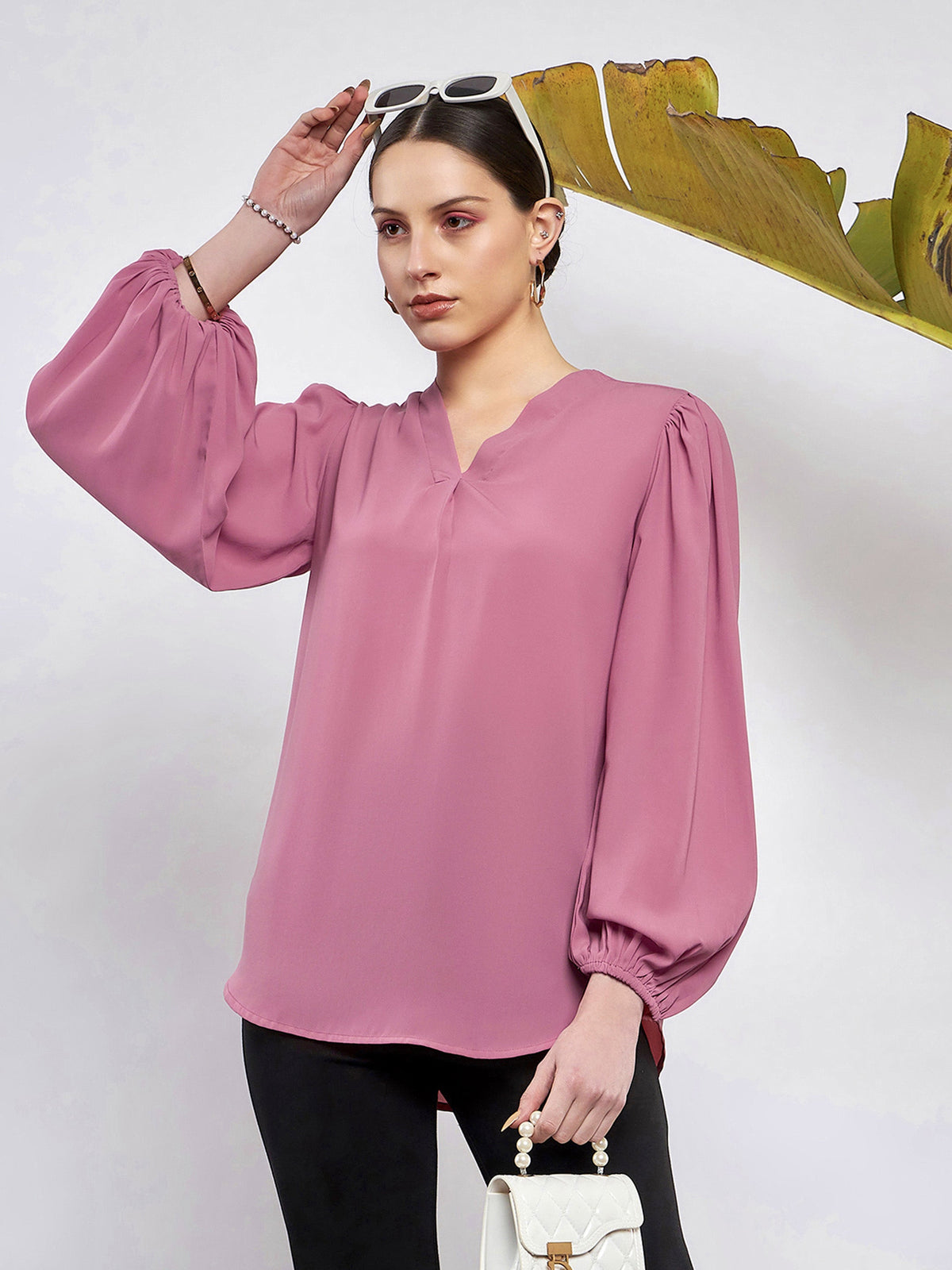 Pink Puff Sleeves V-Neck Blouse-SASSAFRAS
