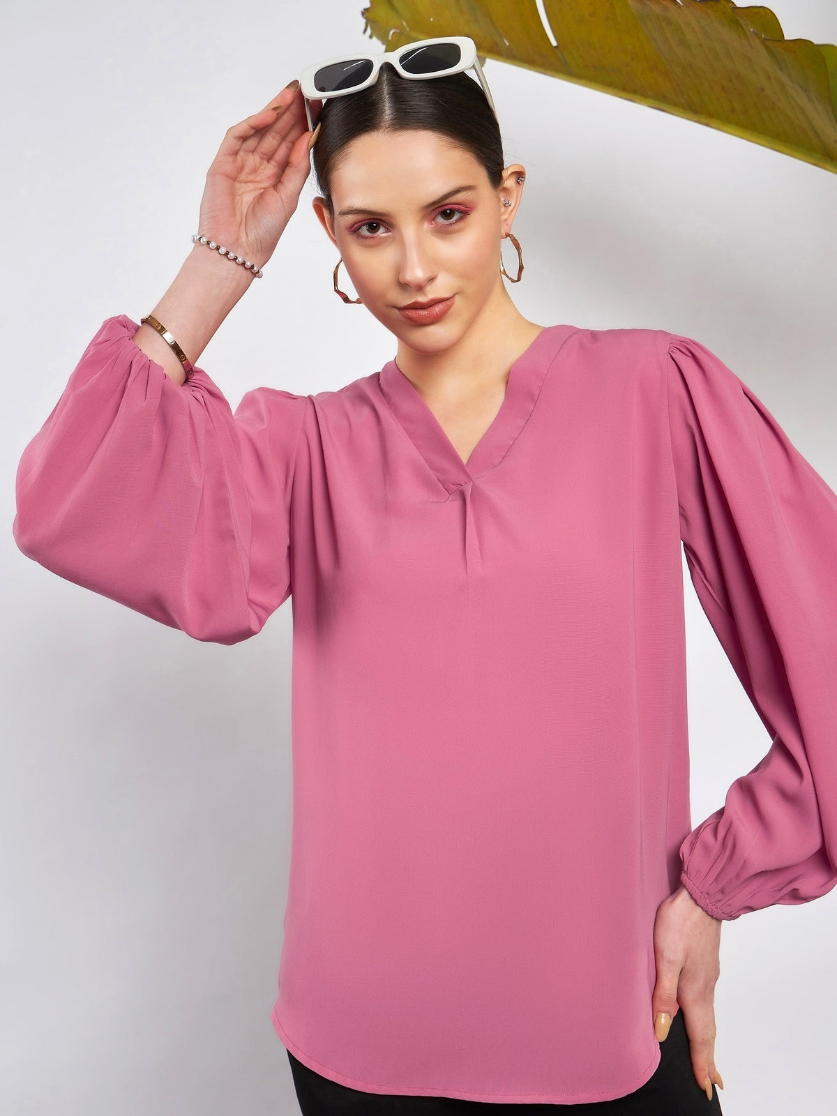 Pink Puff Sleeves V-Neck Blouse-SASSAFRAS