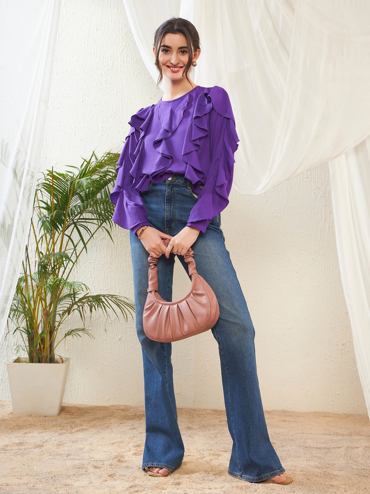 Purple Full Sleeves Ruffle Top-SASSAFRAS