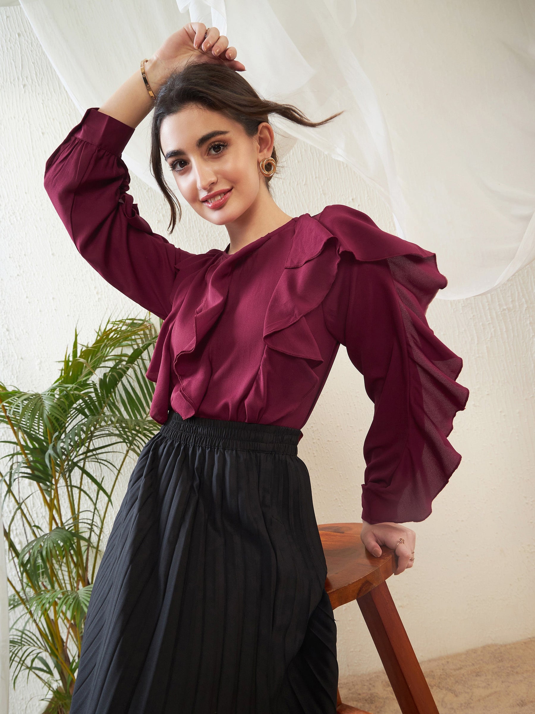 Maroon Full Sleeves Ruffle Top -SASSAFRAS