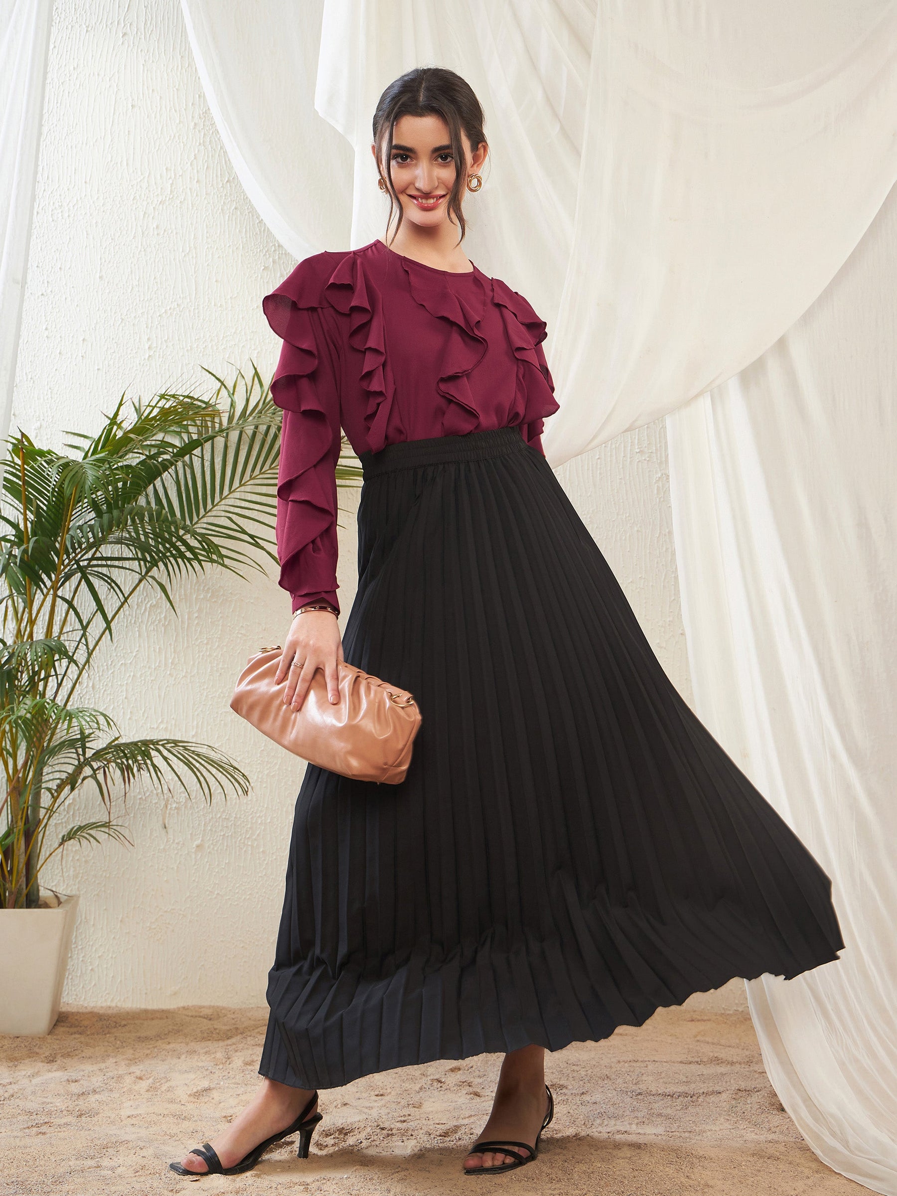Maroon Full Sleeves Ruffle Top -SASSAFRAS