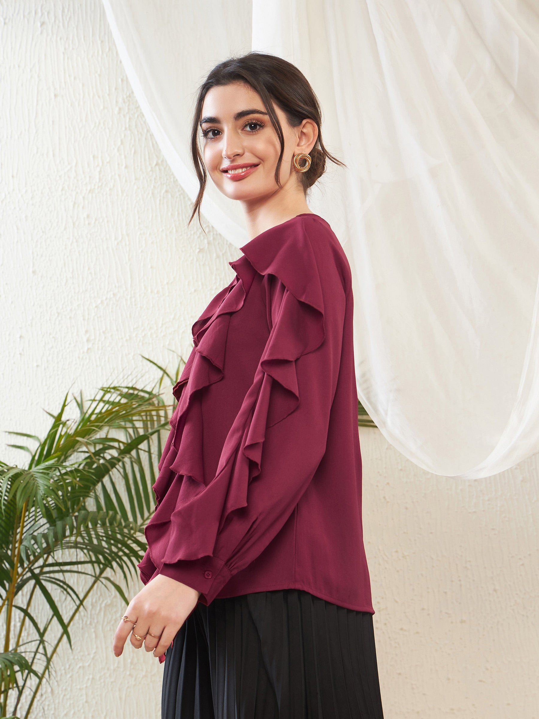 Maroon Full Sleeves Ruffle Top -SASSAFRAS