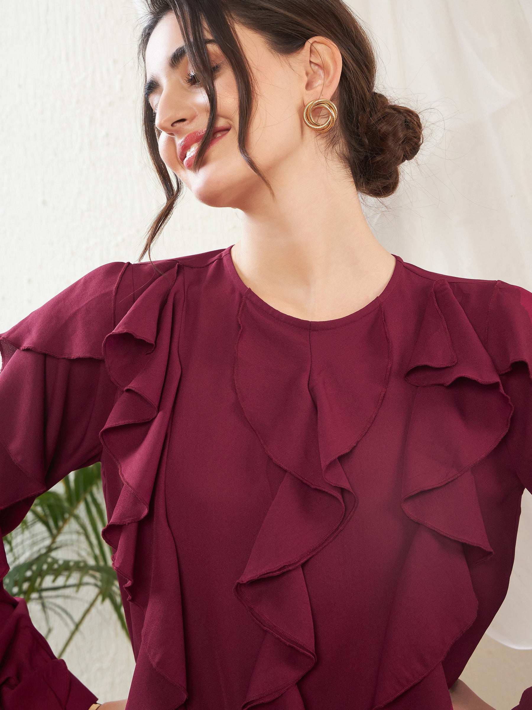 Maroon Full Sleeves Ruffle Top -SASSAFRAS