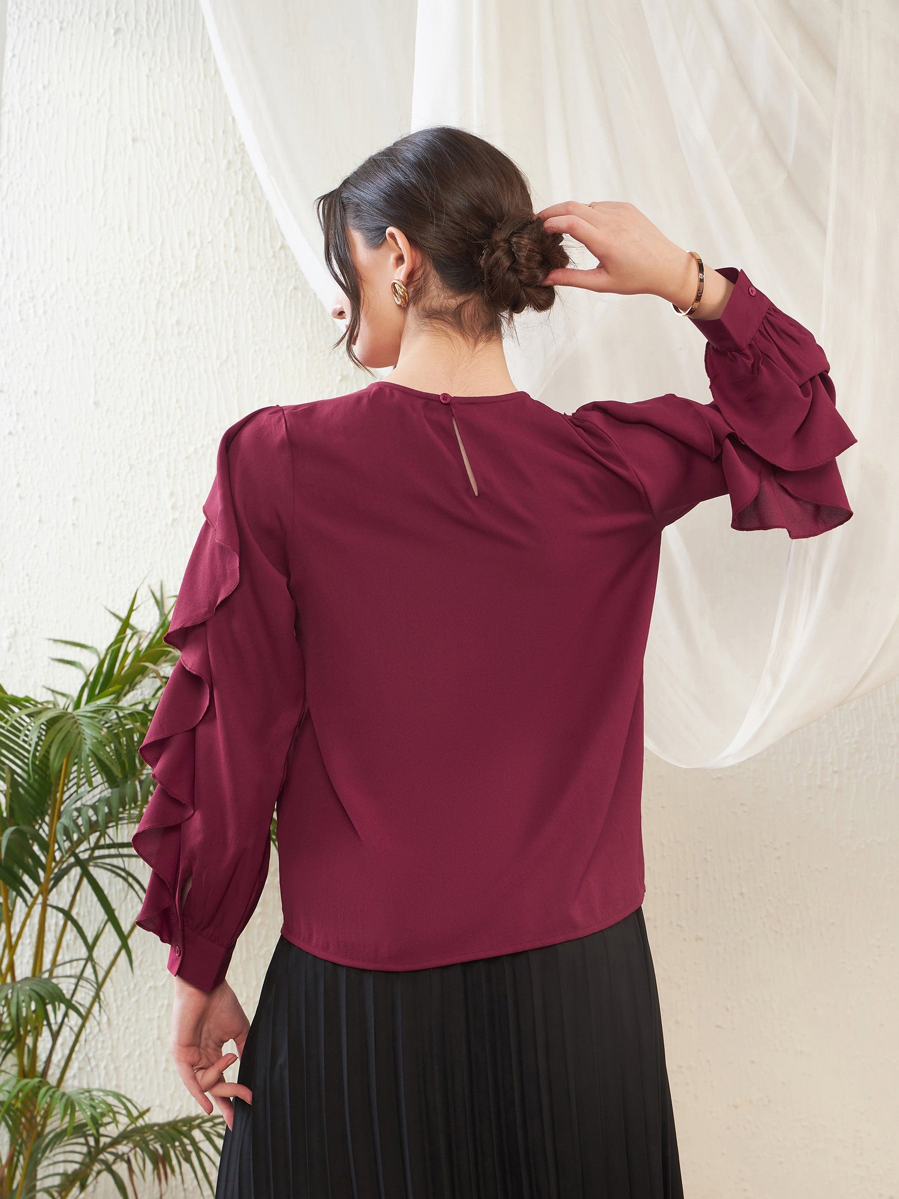 Maroon Full Sleeves Ruffle Top -SASSAFRAS