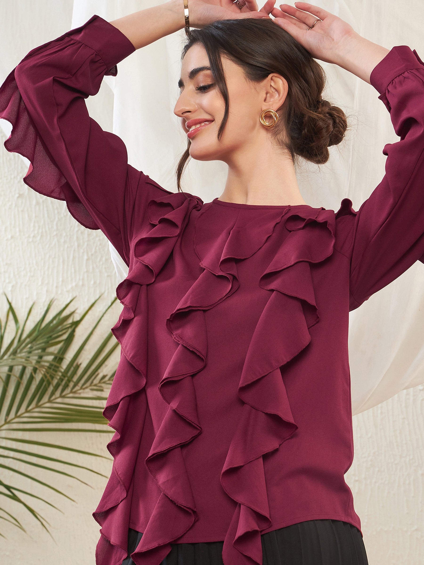 Maroon Full Sleeves Ruffle Top -SASSAFRAS